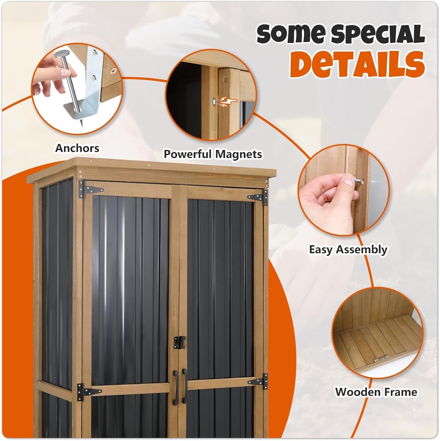 Outdoor Storage Cabinet with Shelves, Wood & Metal Storage Shed with Weatherproof Roof, 3 Removable Shelves, Double Lockable Doors, Adjustable Feet, Outside Storage Cabinet for Garage, Patio, Backyard
