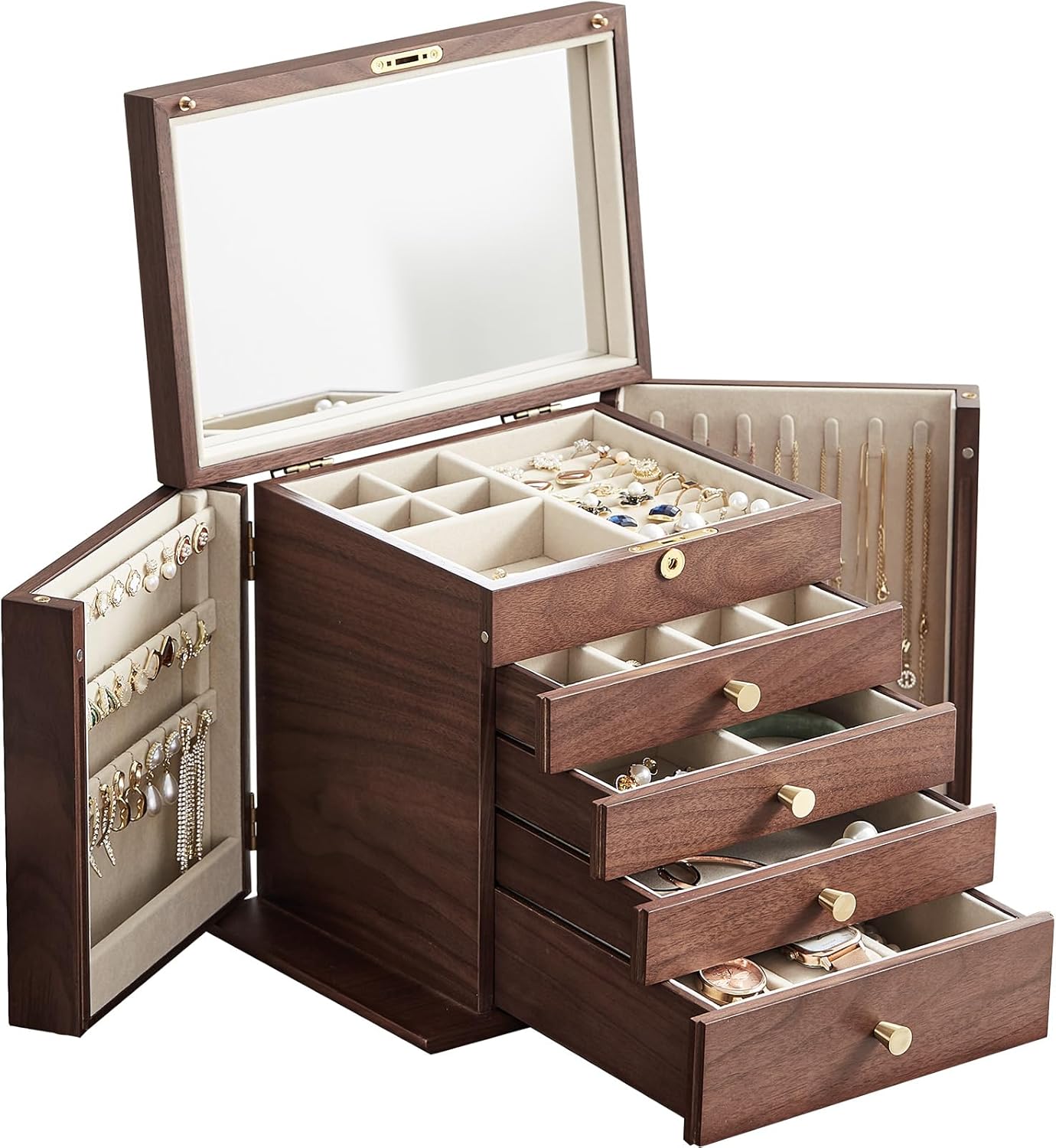 CHOSIN Black Walnut Wooden Jewelry Box for Women with Mirror, 5 Drawers and 2 Side Doors for Watches, Necklaces, Rings, Earrings Storage Christmas Gifts