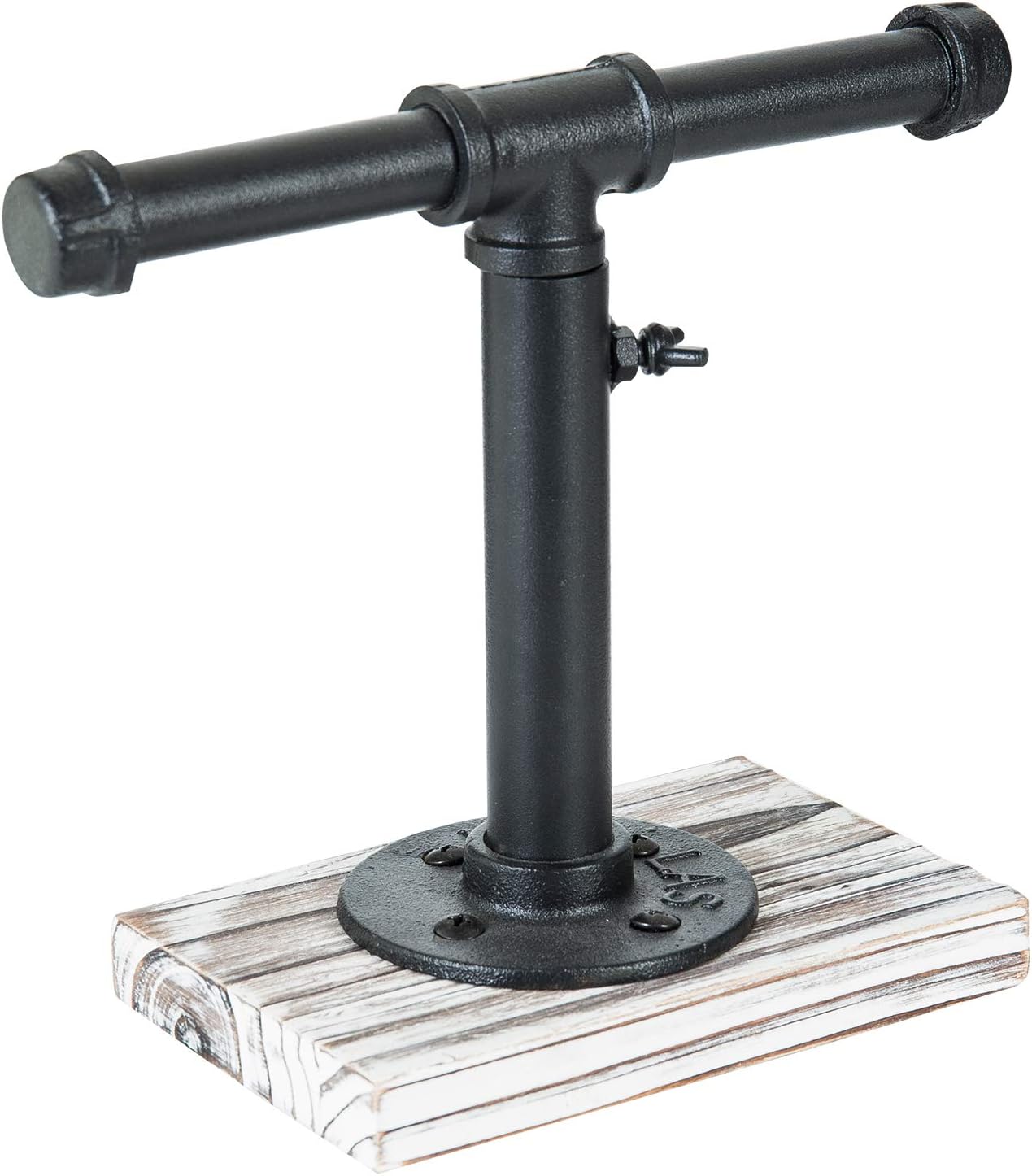MyGift Industrial Pipe Black Metal T-Bar Adjustable Height Jewelry, Bracelet & Necklace Display Stand with Torched Wood Base