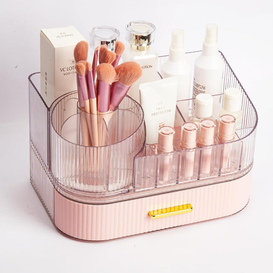 360° Rotating Makeup Organizer with Drawer, Clear Acrylic Cosmetic Storage Display, Stackable Beauty Counter (Pink, Large (Tray + 1 Drawer))