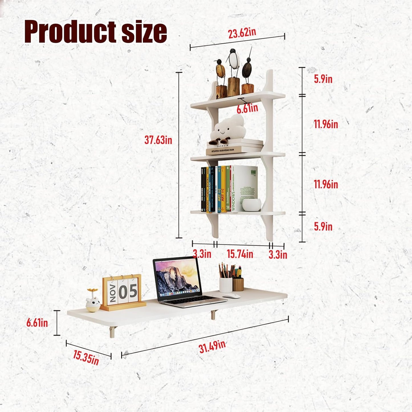 Pmnianhua Wall Mounted Folding Table, 31'' Floating Laptop Desk with Shelves, Foldable Drop Leaf Table, Wall Mount Fold Down Table for Laundry Room Kitchen Bar Home Office Small Space(White)
