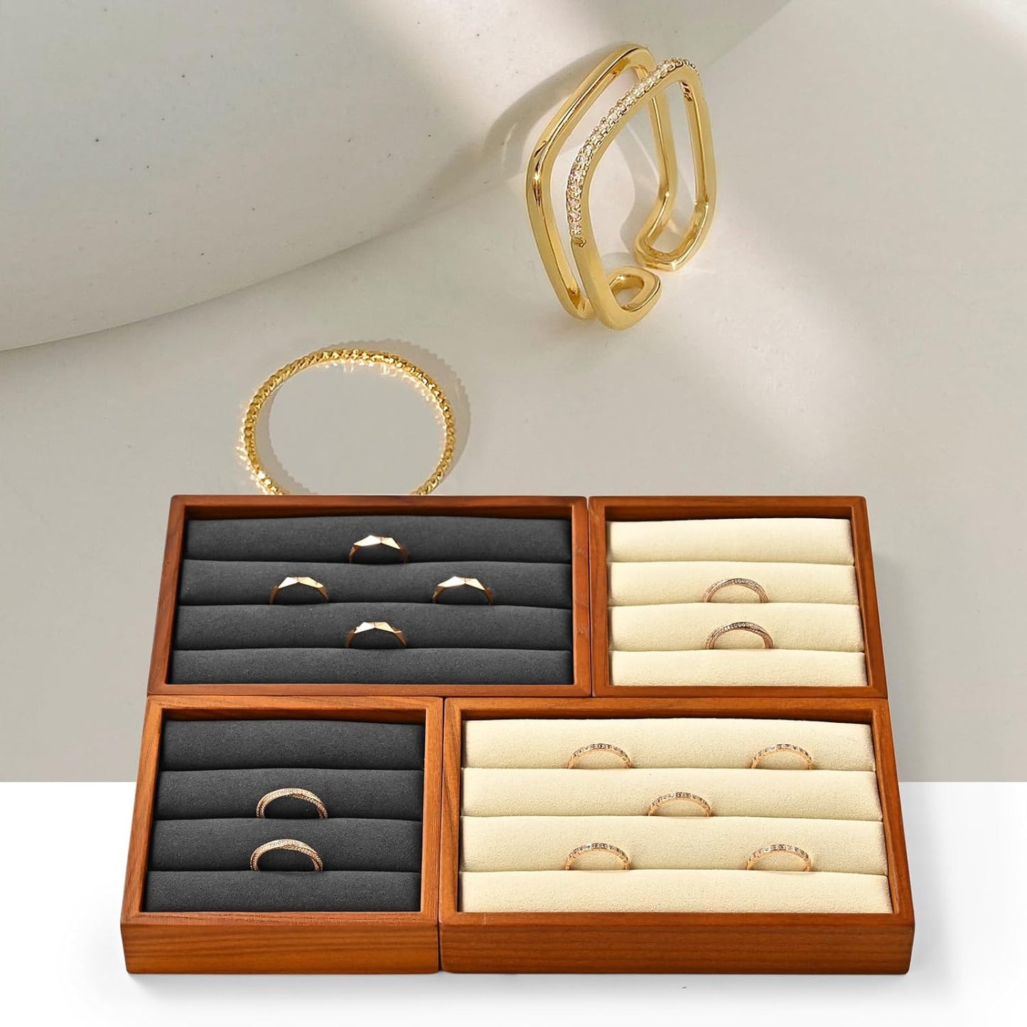 Solid Wood 3-Slots Jewelry Ring Display Tray Showcase Small Jewelry Display Organizer Tray for Rings(M,Beige)