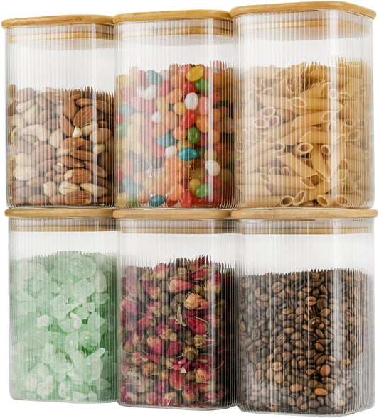 37oz Airtight Glass Square Storage Canisters with Bamboo Lids Set of 6 (1100ml) Striped Stackable Containers, Kitchen Jars for Pantry Noodles, Flour and Coffee beans (‎with Black Lable)