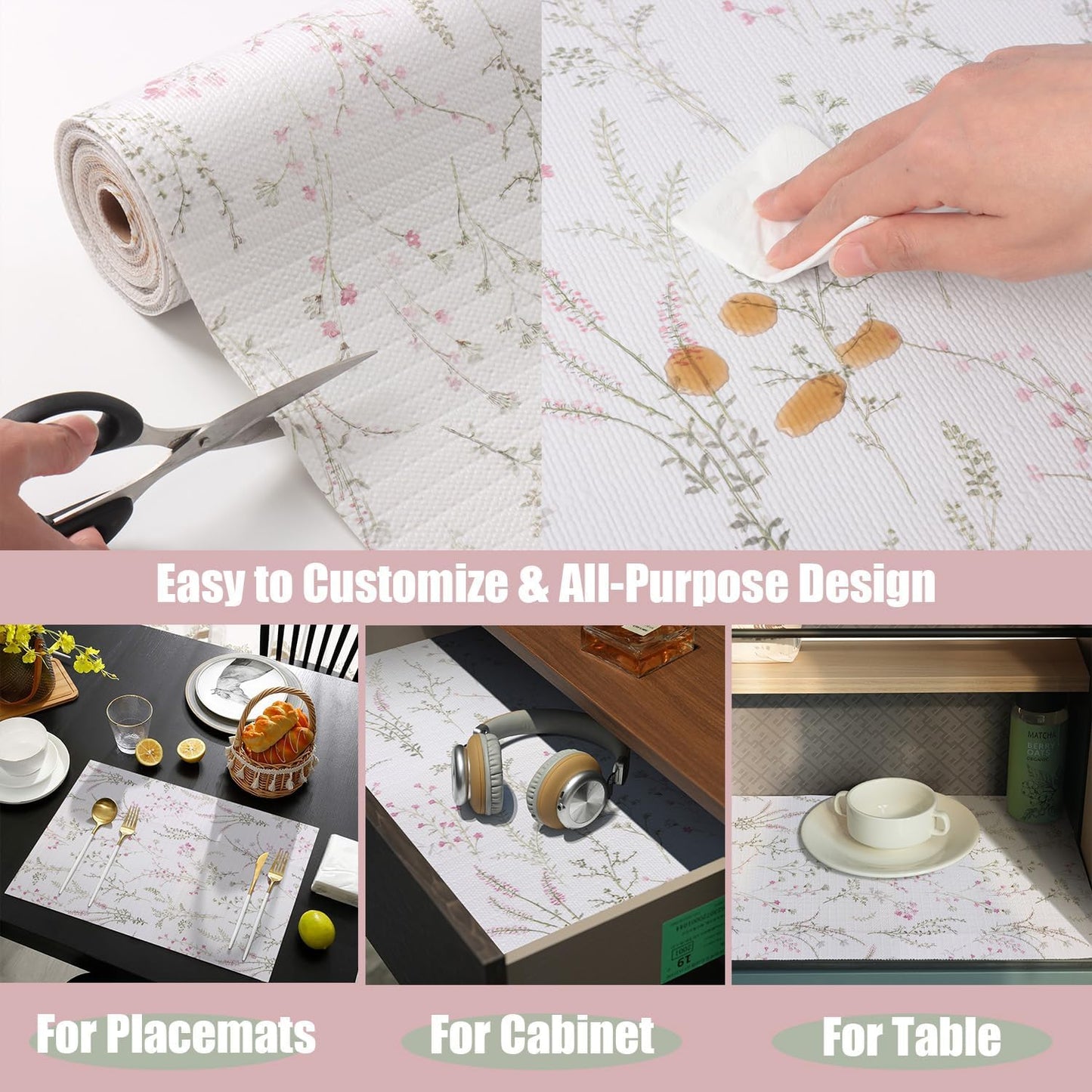 Floral Drawer and Shelf Liner for Cabinets 16IN x 10FT, Non-Adhesive and Strong Non-Slip Flower Shelf Cabinet Drawer Liners for Kitchen,Table,Bookshelves,Waterproof Cupboard Liner