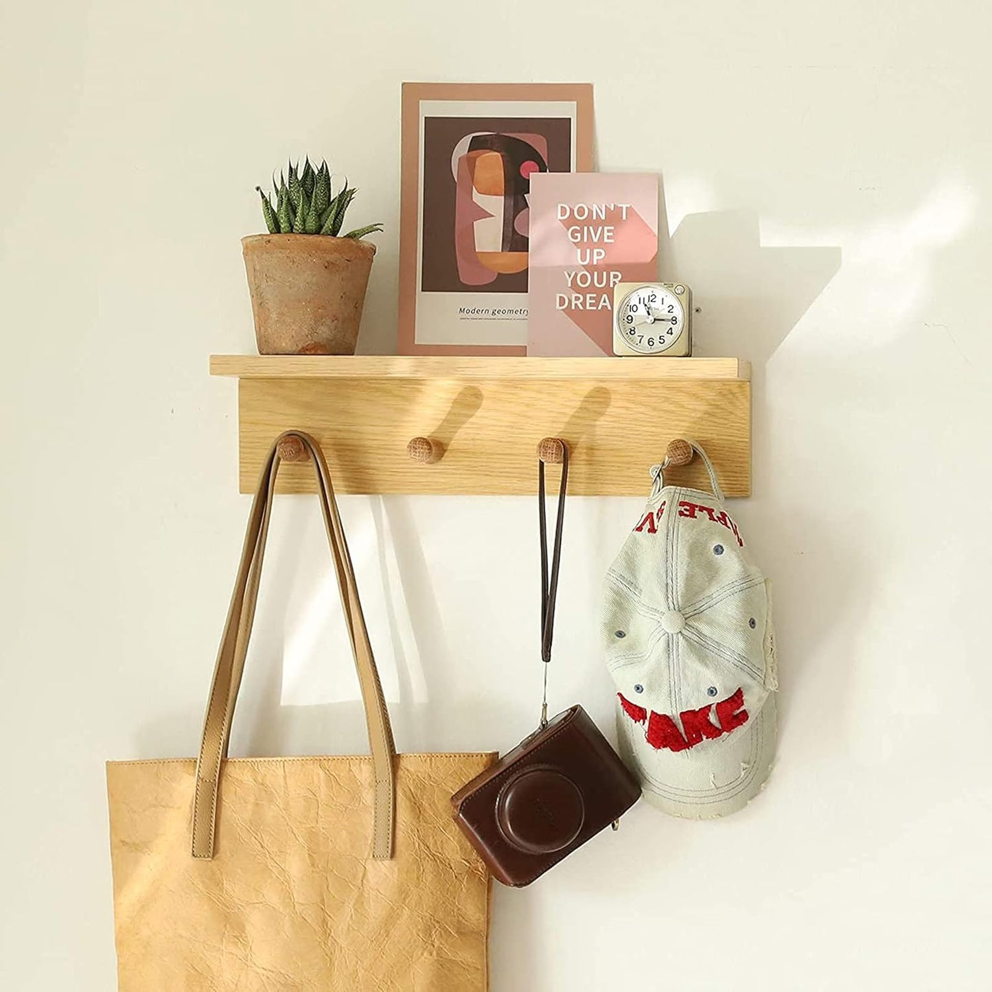 Entrance Coat Rack ，Coat Hooks, Wall-Mounted Wooden Hook Rack, Wall-Mounted Shelves are Very Suitable (Oak Colored Finish-2)