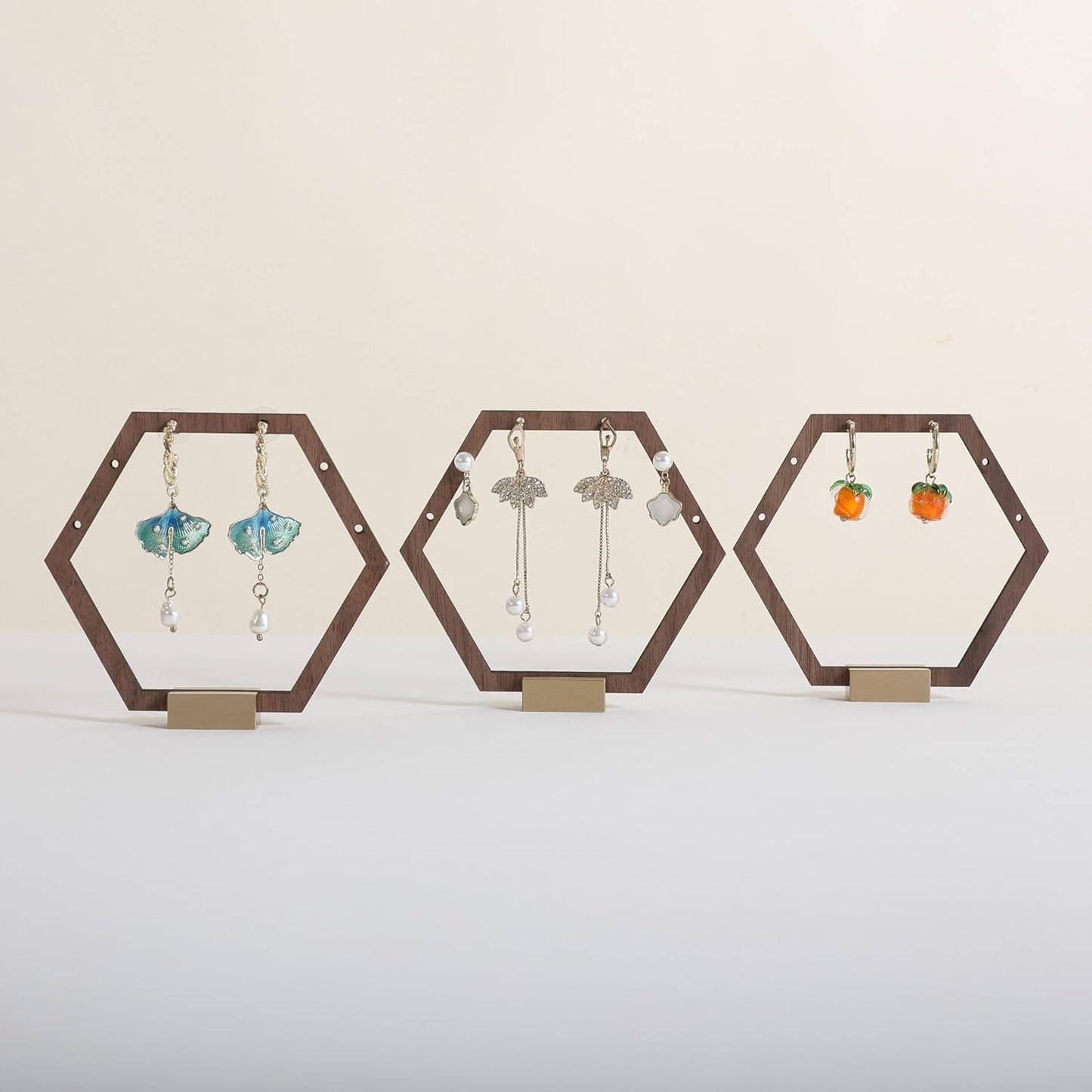GemeShou 3pcs Wooden stud earring organizer holder, walnut earring hangers with brass base, Small Cute earring display for selling with 9 holes for each【Hexagon frame-3pcs】