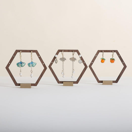GemeShou 3pcs Wooden stud earring organizer holder, walnut earring hangers with brass base, Small Cute earring display for selling with 9 holes for each【Hexagon frame-3pcs】