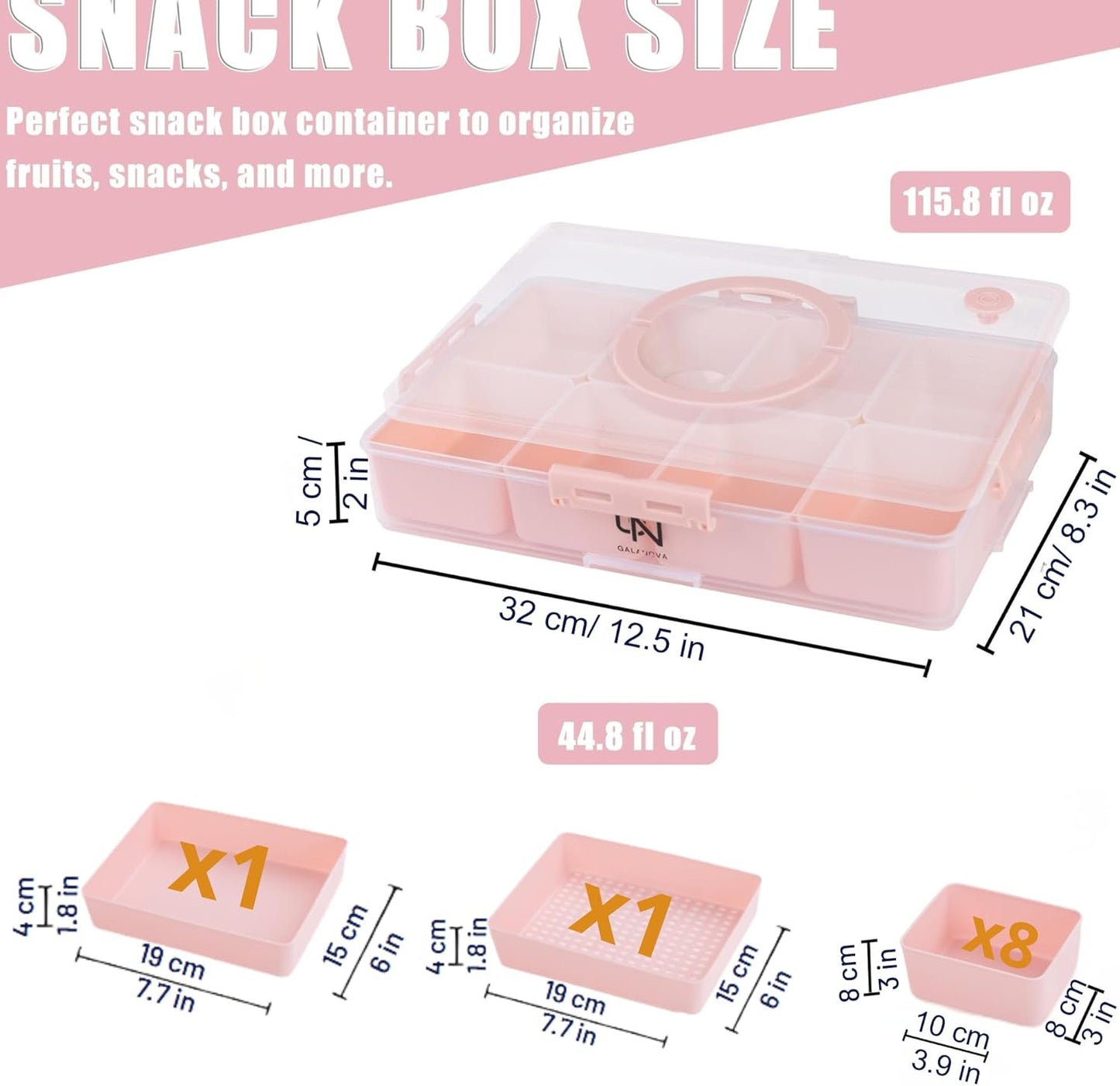 Snackle Box Container - 10 Compartments Including 2 XL, Dishwasher & Microwave Safe, Divided Serving Tray with Lid and Handle, BPA-Free, snack box (1 PCS, Pink, 1 Box with 2 XL Compartments)