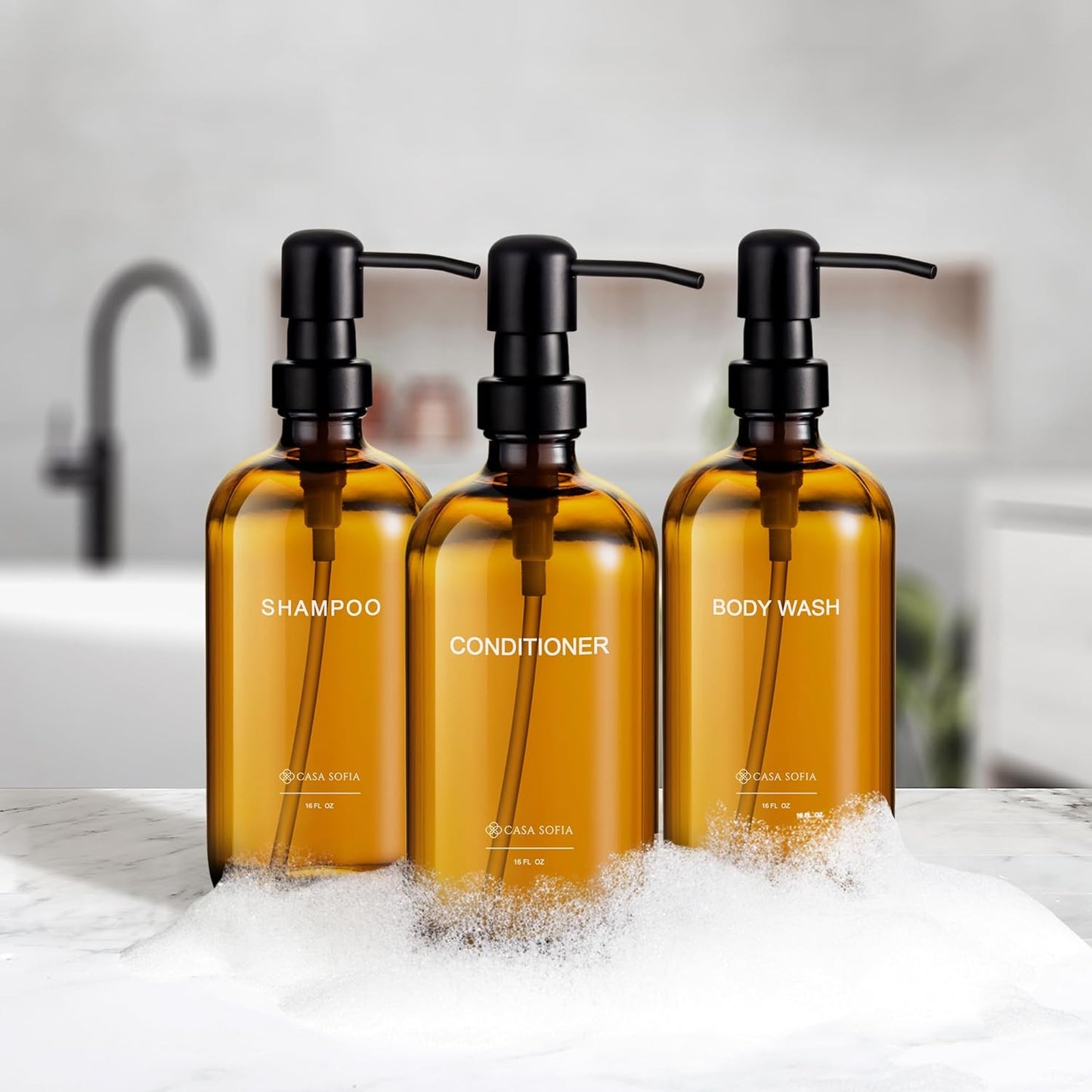 Amber Glass Shampoo and Conditioner Dispenser Set – Refillable 16 OZ Bottles with Pump, Concrete Tray Included – Modern Bathroom Organization