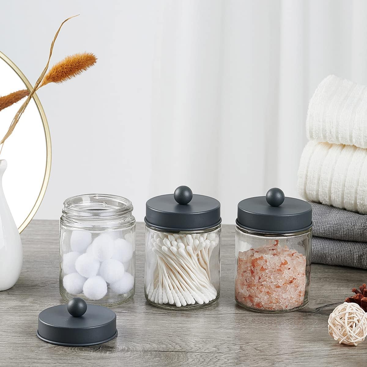 Amolliar 6Pc Apothecary Jars Bathroom Vanity Organizer- Rustic Farmhouse Decor Storage Canister with Stainless Steel Lids- Qtip Dispenser Holder for Q-Tips,Cotton Swabs,Rounds,Ball,Flossers (Grey)