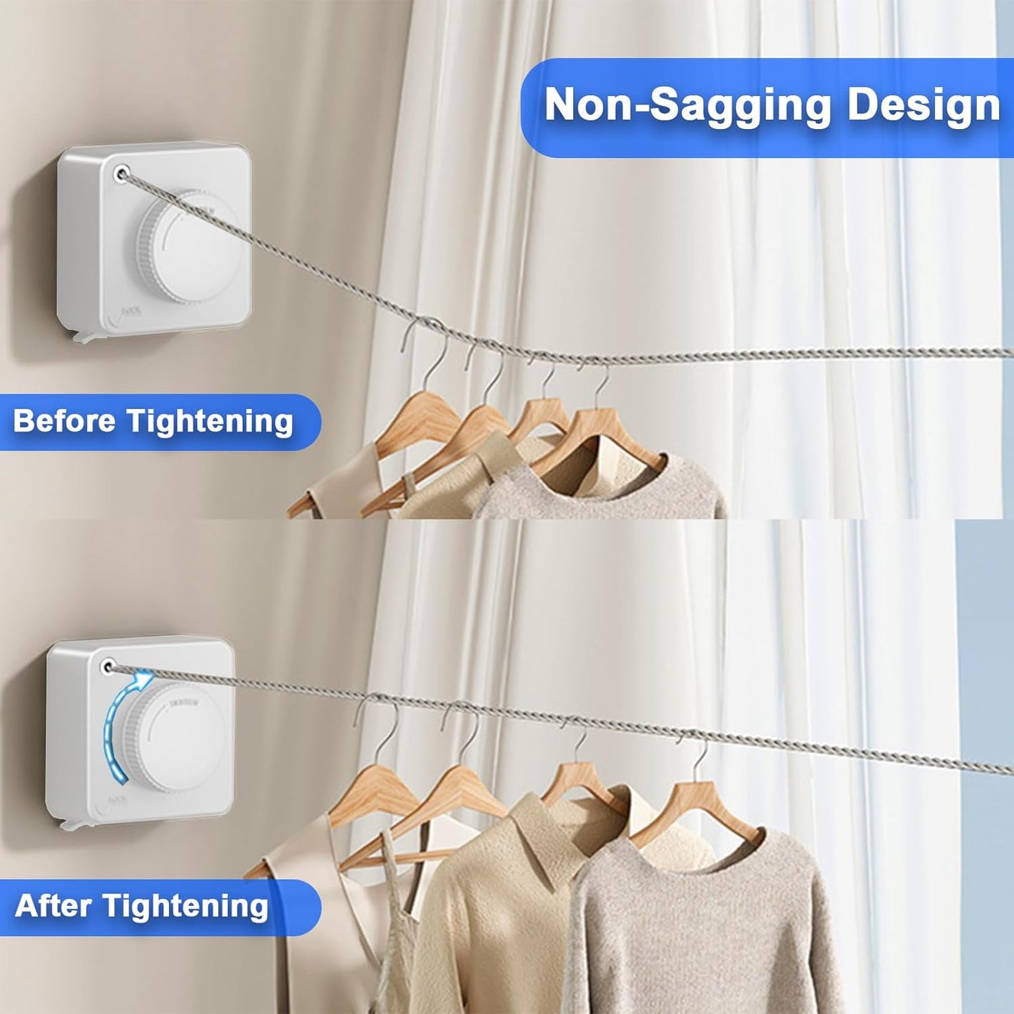 Retractable Clothesline Indoor, Non-Sagging Outdoor Clothes Drying Line Retracting Heavy Duty Clothes Drying Laundry Line Wall Mounted Stainless Steel Line - 15.6 Feet (Square White)