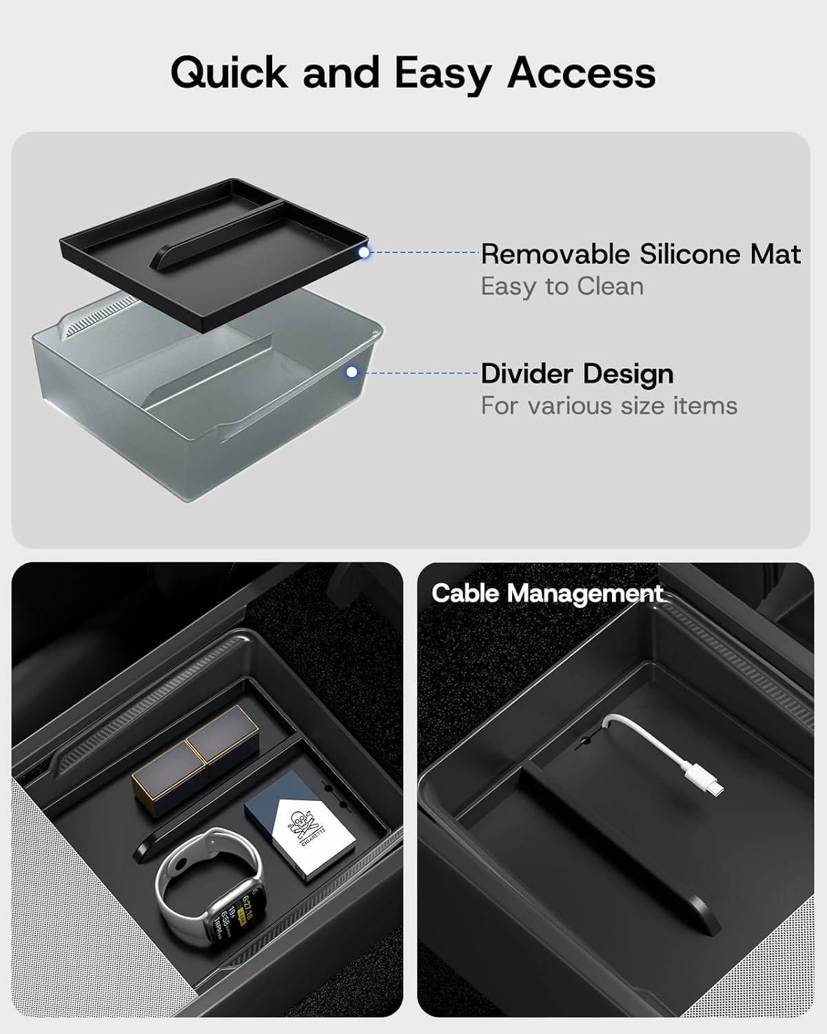 2025 Upgrade Center Console Organizer Tray for Tesla New Model Y Juniper & Model 3 Highland Accessories [PC + Silicone Lining Non-Slip & Wear-Resistant & Easy to Clean]