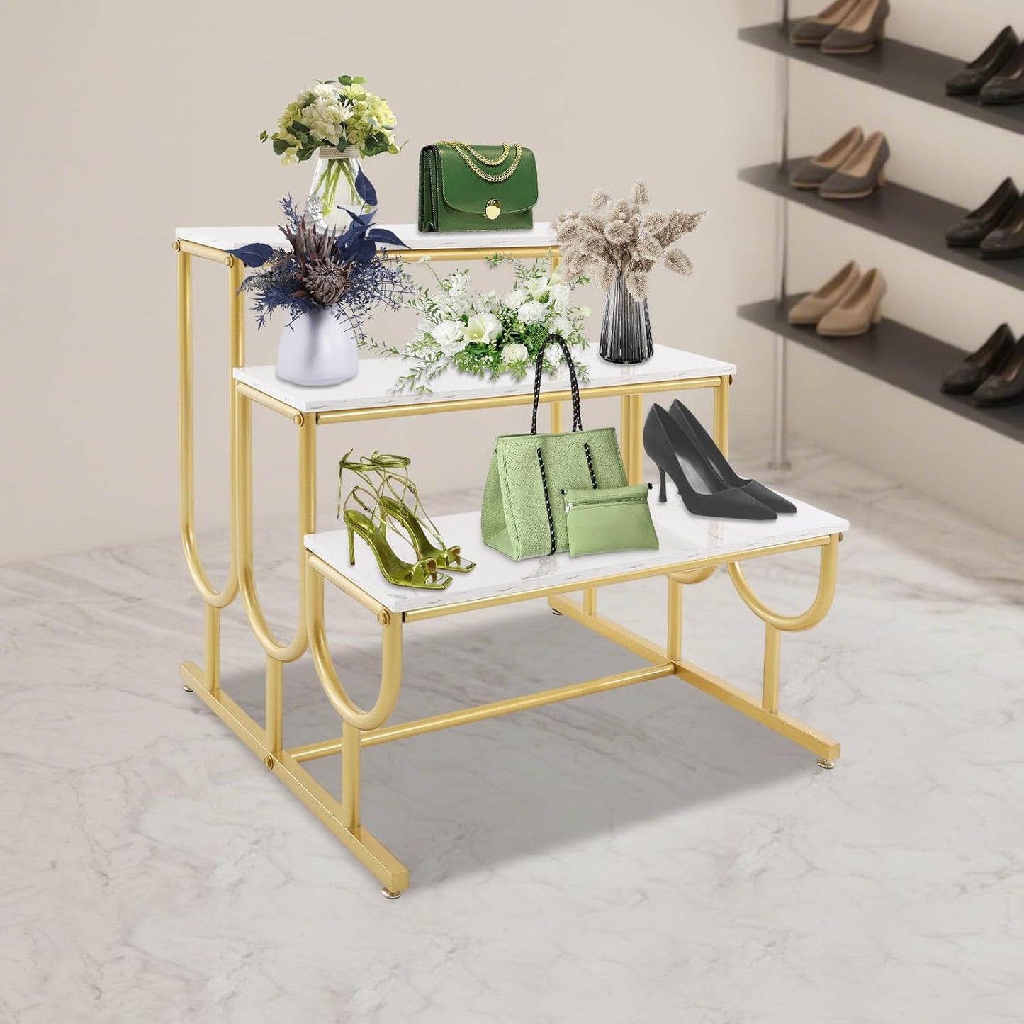 Metal Shoe Handbag Display Stand, 3 Tier Heavy Duty Display Riser Shelf, Modern Retail Display Table, Carbon Steel and Solid Wood, Gold