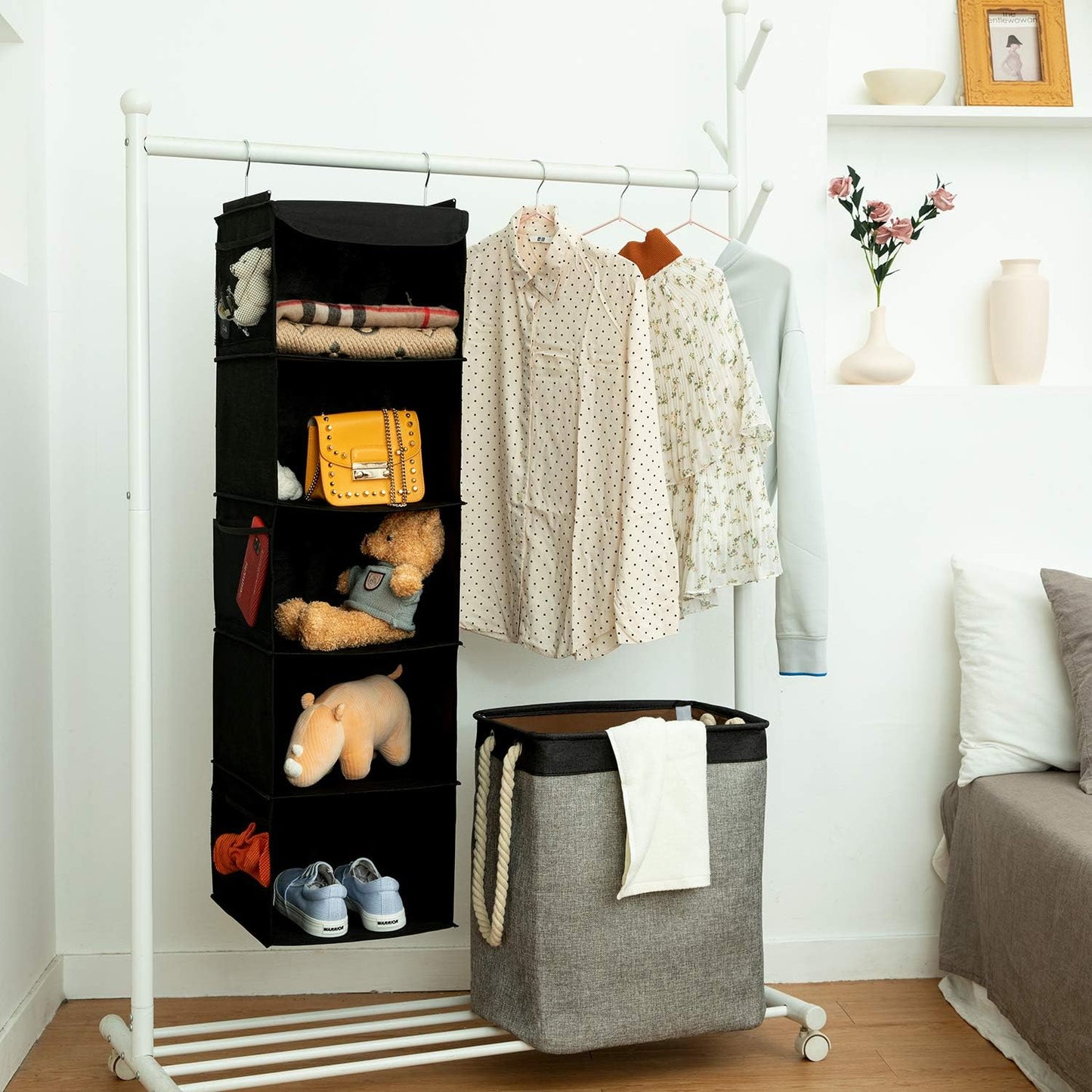 2 Pack Hanging Closet Organizer, 5 Shelves Hanging Storage with 6 Side Pockets for Clothes Shoes, 43"x12"x12"(Black)