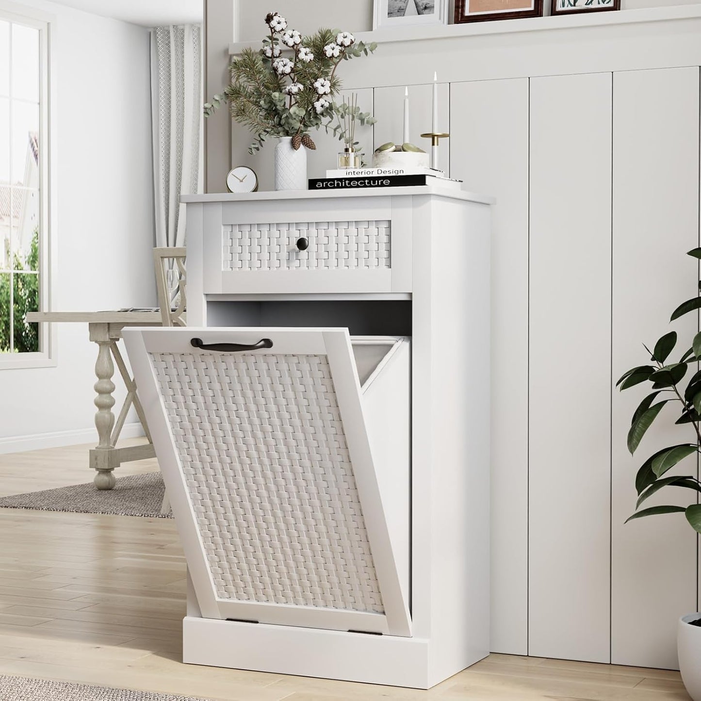 Tilt Out Laundry Hamper Cabinet,10 Gallon Laundry Cabinet with Drawers ＆ Hidden Baskets, Farmhouse Laundry Storage Basket for Laundry Room, Bathroom, Kitchen, White