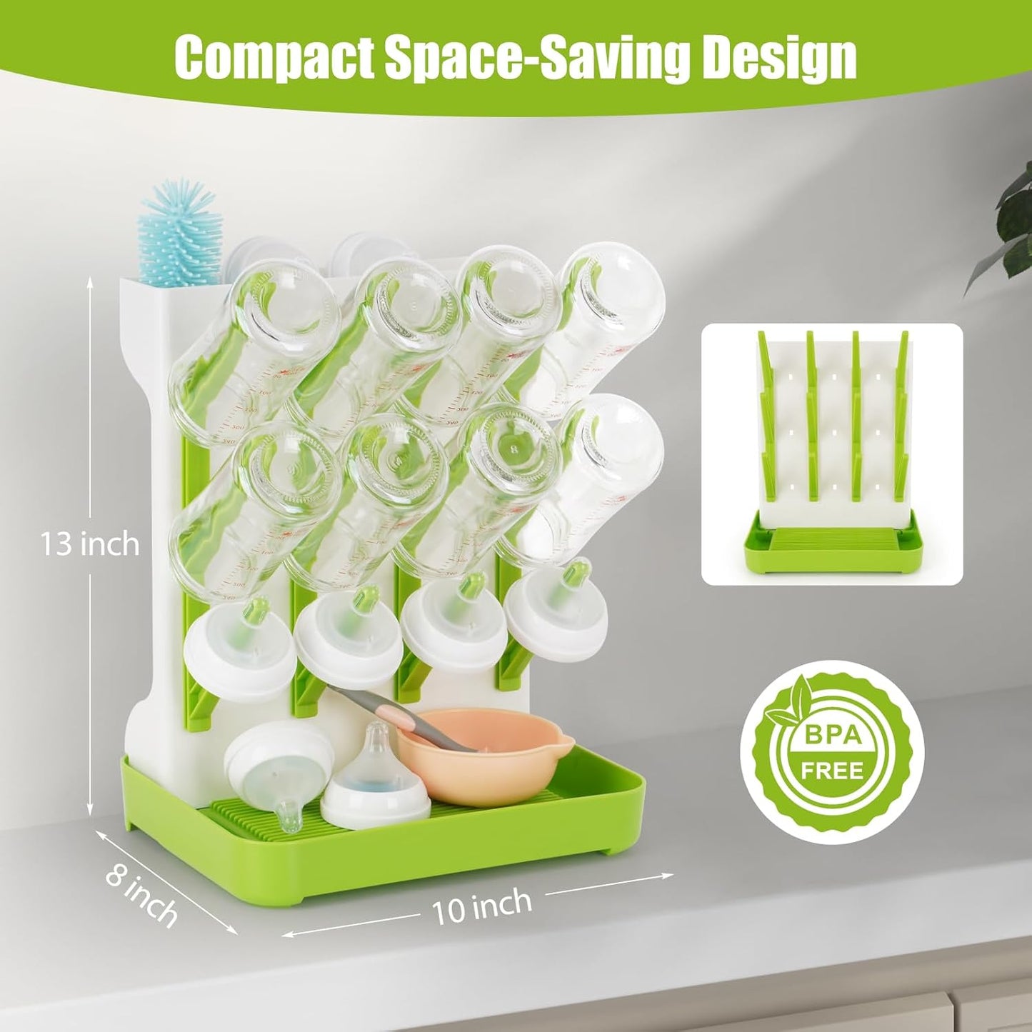 Baby Bottle Drying Rack, Space Saving Baby Bottle Organizer for Countertop, Vertical Bottle Dryer Holder with Brushes Holder, Large Bottle Storage Holder 12 Bottles & Baby Accessories Green