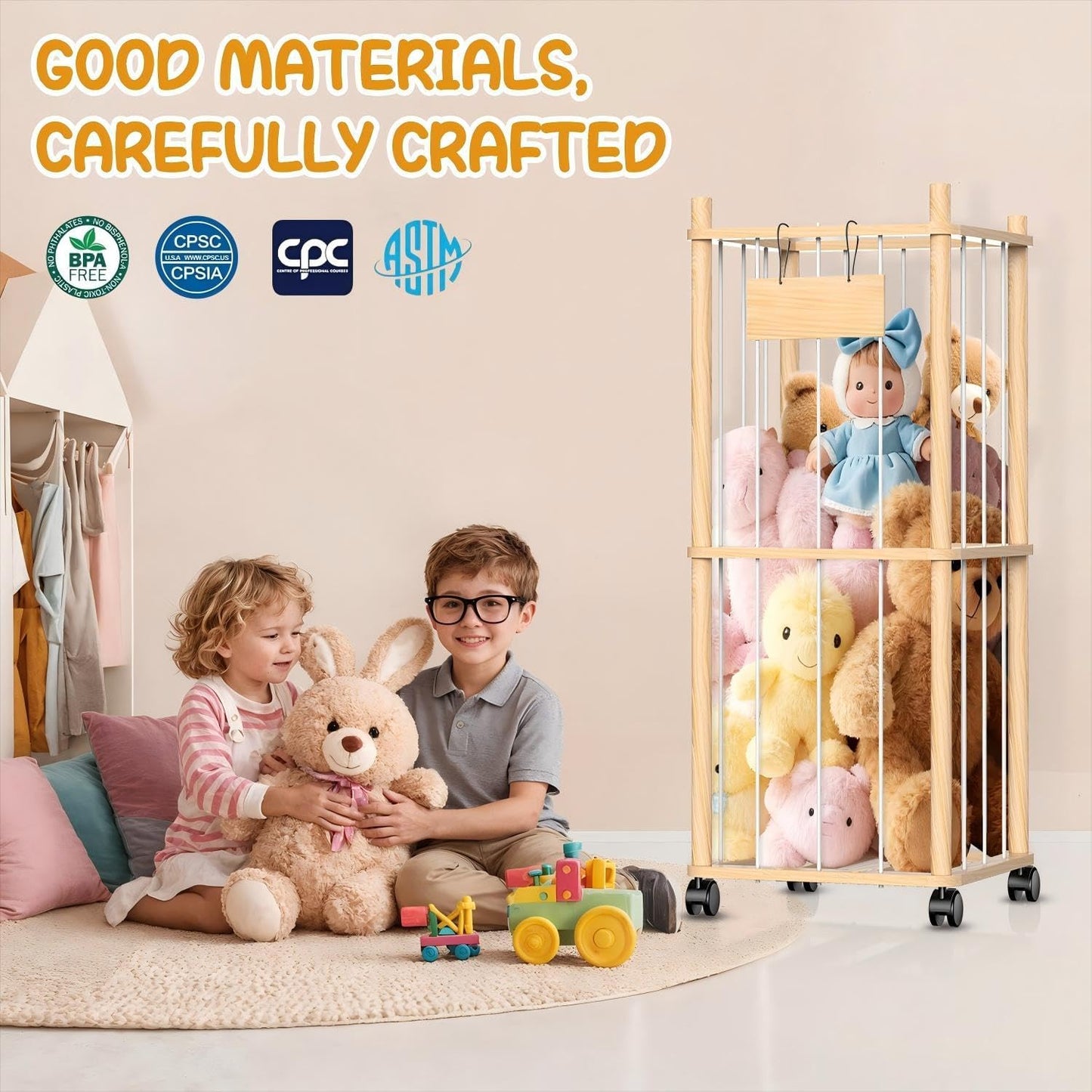 Stuffed Animal Storage & Holder, Natural Pine Wood Plushies Storage with Wheels, Large Capacity Stuffed Animal Zoo with Elastic Cord, Space Save Toy Organizer for Playroom Bedroom & Toddler Room
