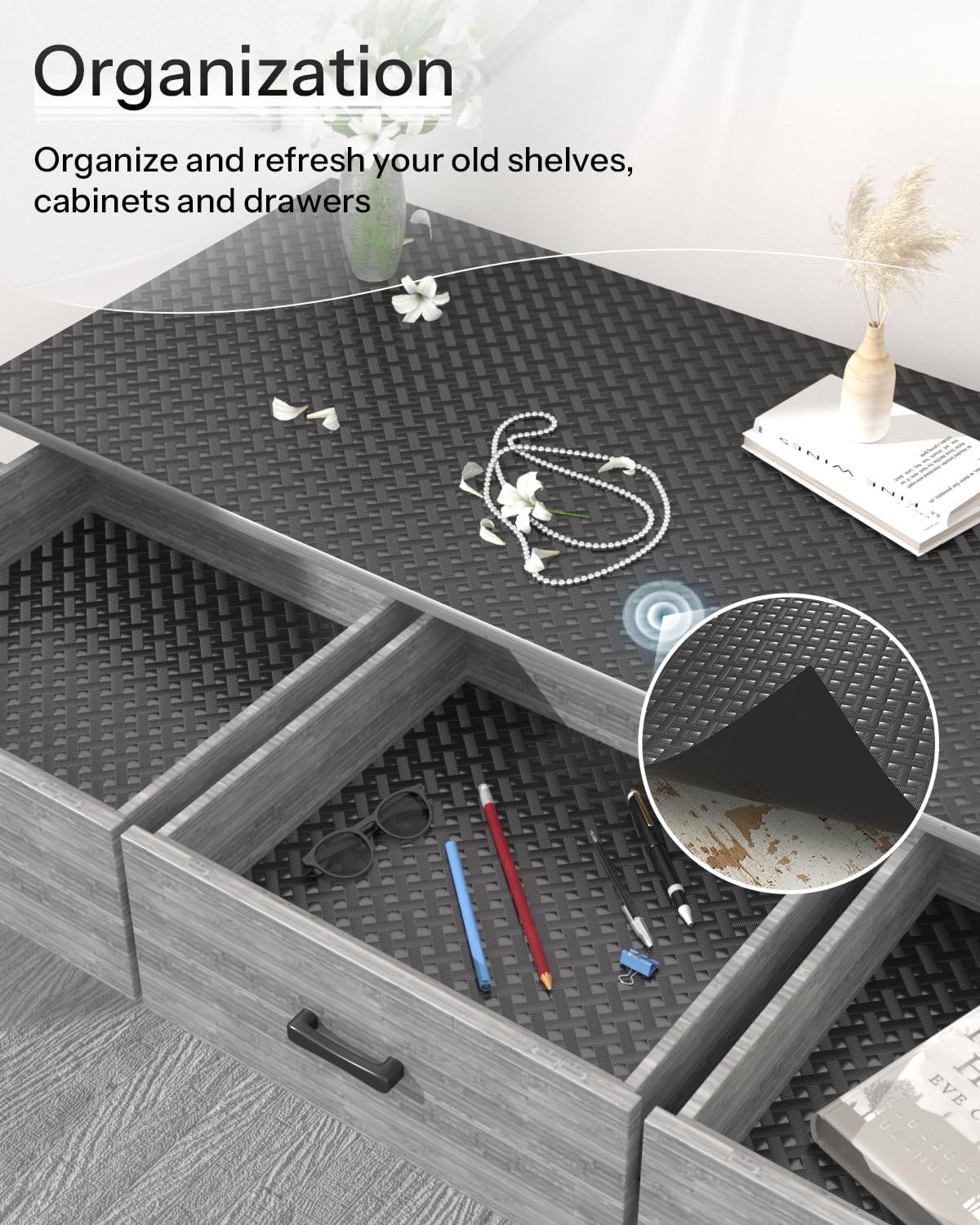 Shelf and Drawer Liner for Kitchen Cabinet, Non-Adhesive 12in x 120in Waterproof Contact Paper Refrigerator Liners Thickened Durable EVA Material Non Slip Mat for Dresser Cupboard Pantry Protector