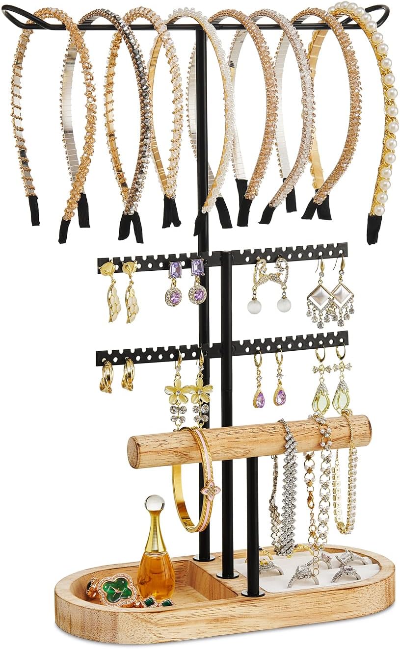 3 Tiers Jewelry Organizer, Earring Holder Organizer with 80 Holes, T-Bar Beige Velvet Bracelet Holder for HeadBands, Earrings, Bracelets, Rings Jewelry Holder Organizer (Rustic Brown)