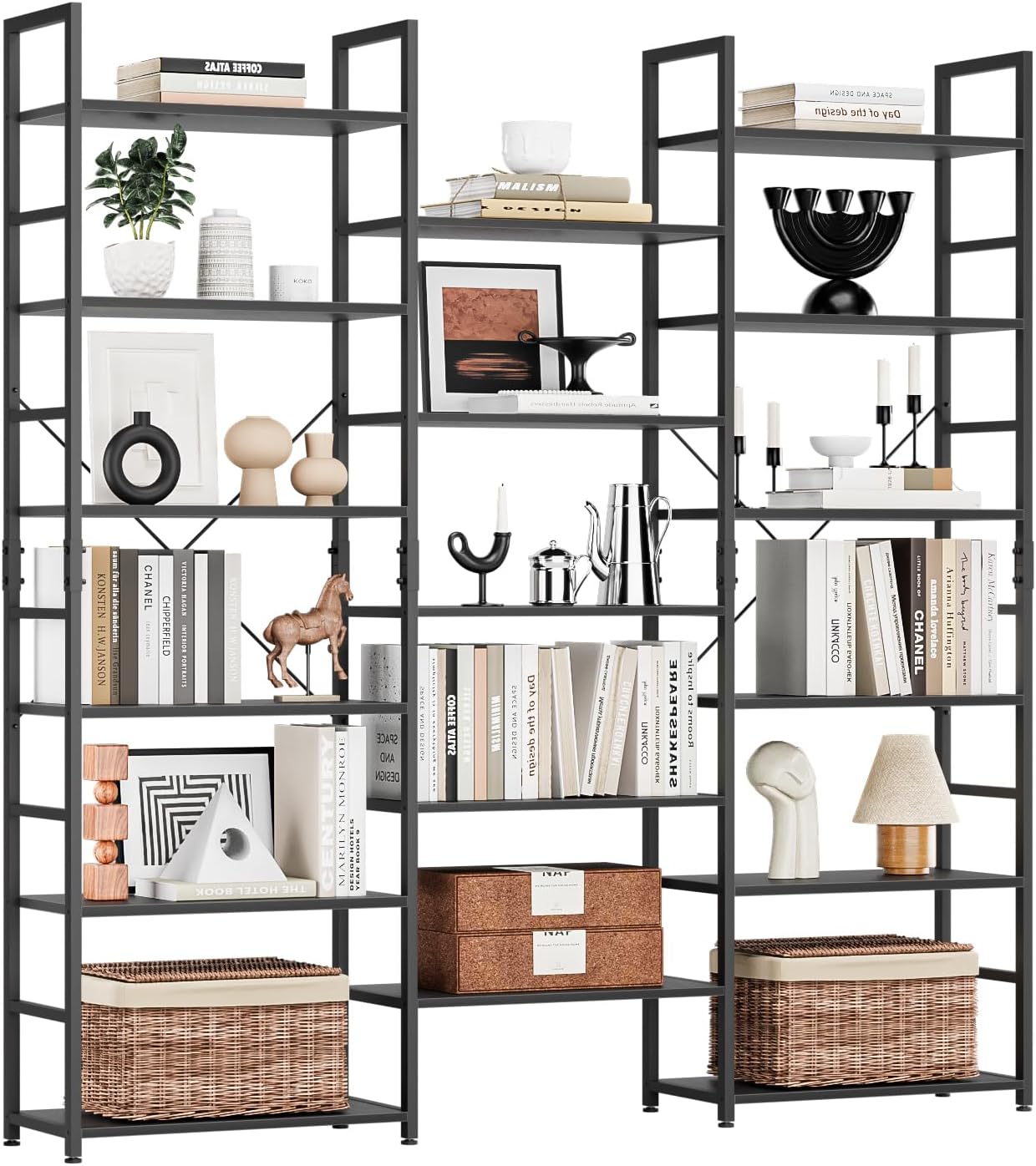 NUMENN Triple Column 6 Tier Bookshelf, Bookcase with 17 Open Display Shelves, Adjustable Rustic Industrial Style Book Shelves, Modern Bookshelves for Bedroom, Living Room and Home Office, Black