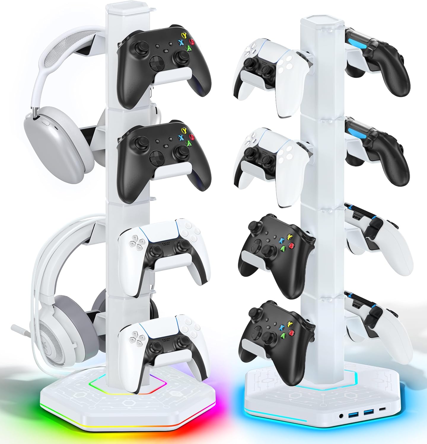 Kytok RGB Controller Holder for PS5/PS4/Xbox/Switch, Headphone Stand with 2 USB Charging Ports and Type-C and Headphone Jack, Headset Holder with Cable Organizer, Controller Stand for Desk, 4 Tiers