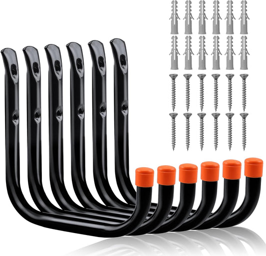 HORUSDY 6 Pack 8 Inch Heavy Duty Garage Hooks, Wall Mount Storage Hangers for Ladder, Bike, Hose, Tools, Holds up to 30LBS, Large Utility Hooks with Screws & Anchors, 7.5" x 7.68"
