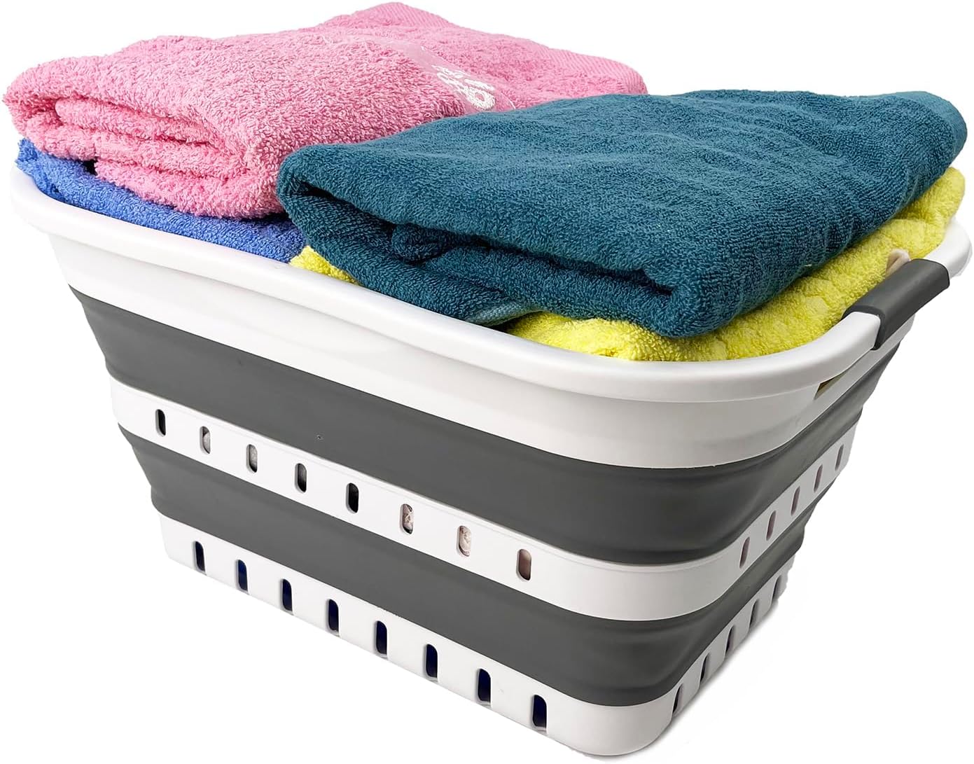 SAMMART Collapsible Plastic Rectangular Laundry Basket - Foldable Pop Up Storage Container/Organizer - Portable Laundry Hamper - Space Saving (White/Steel Grey, 19L)