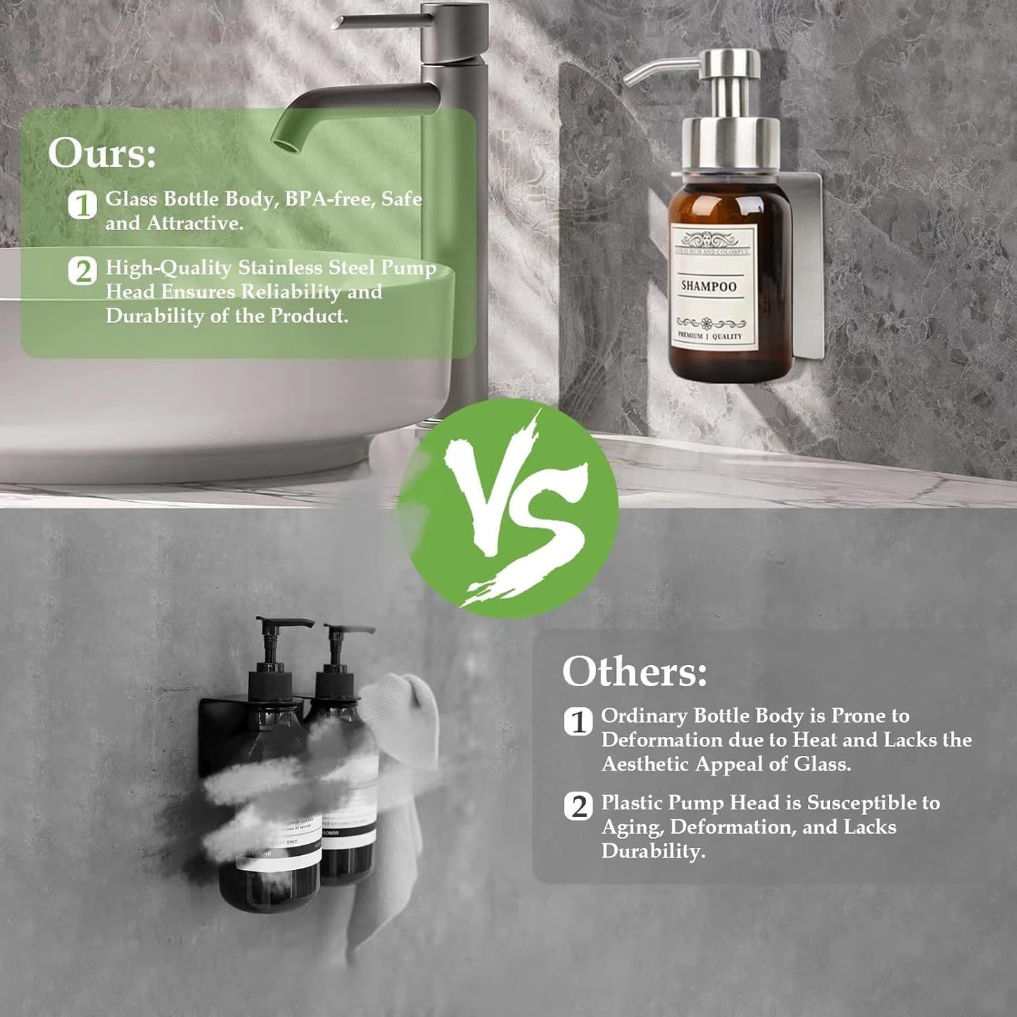 Glass Soap Dispenser with Pump and Wall Mount Holder,8.5 Oz Shampoo and Conditioner Dispenser,Dish Soap Dispenser with Waterproof Labels,2 Pack|Silver