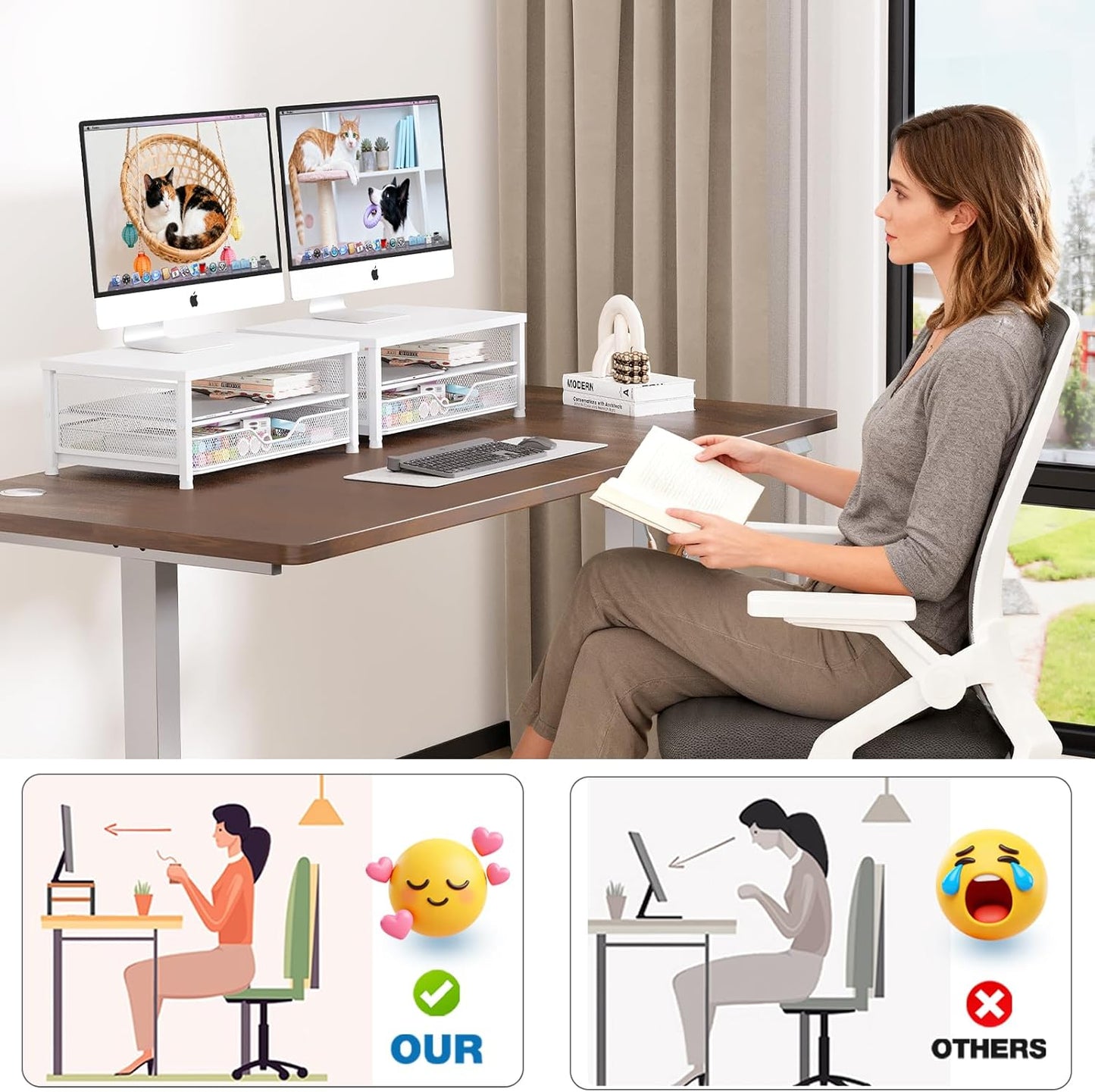 OPNICE Computer Monitor Stand Riser, Desk Organizer with Drawer, Laptop Stand, Office Desk Accessories & Workspace Desktop Organizers Storage for Office Supplies(White)