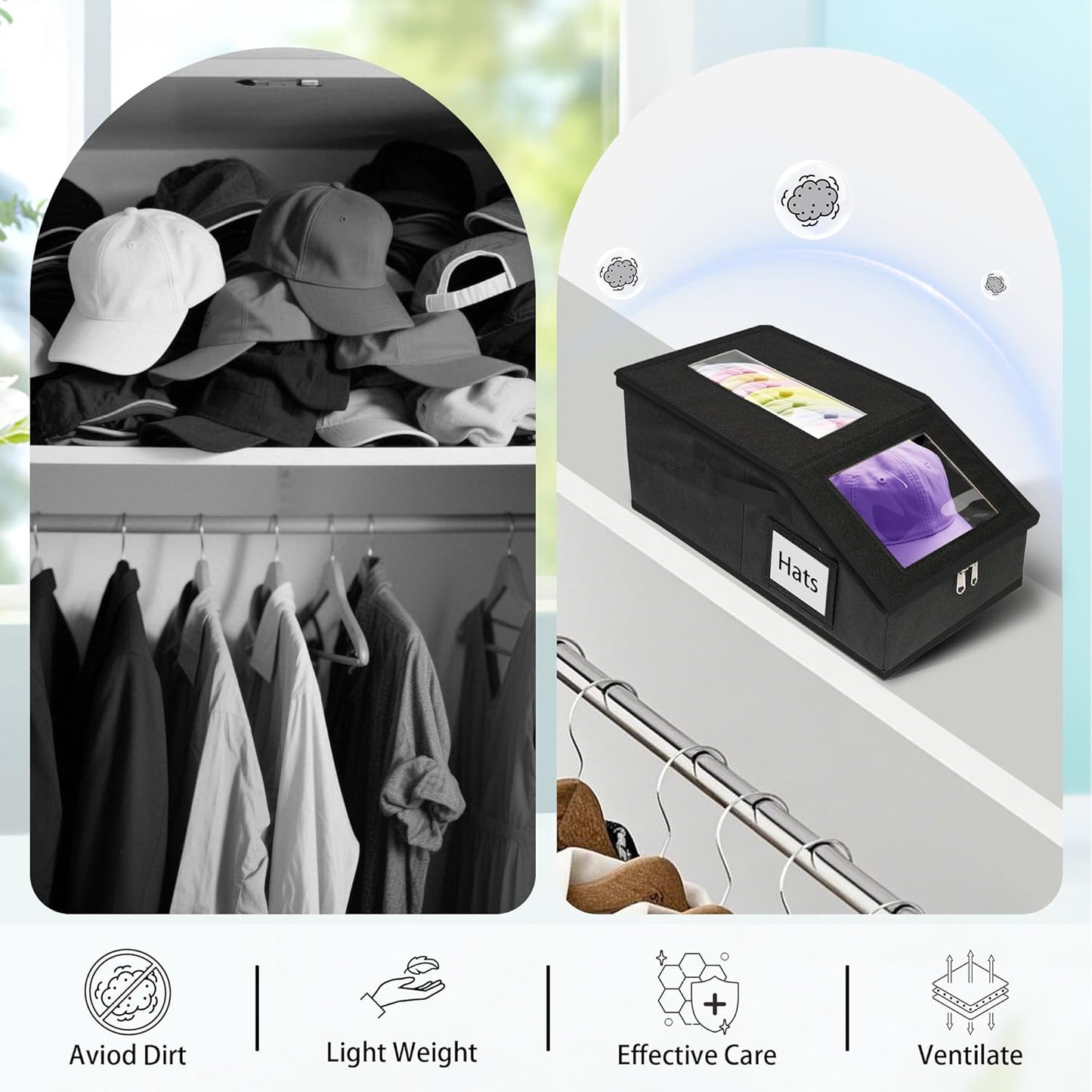 Stackable Hat Storage for Baseball Caps, 2 PCS Hat Storage Boxes for Closet, Holds up to 30 Caps with Cardboard, Hat Organizer for Women & Men(Two Clear Window) (Black)