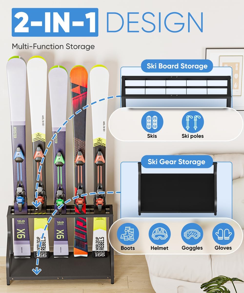Ski Storage Rack for Garage — Freestanding Ski Holder for 5 Pair Skis, Helmet, Goggles, gloves, Indoor Snowboard Rack Organizer Stand for Home, Shed, Basement, Black