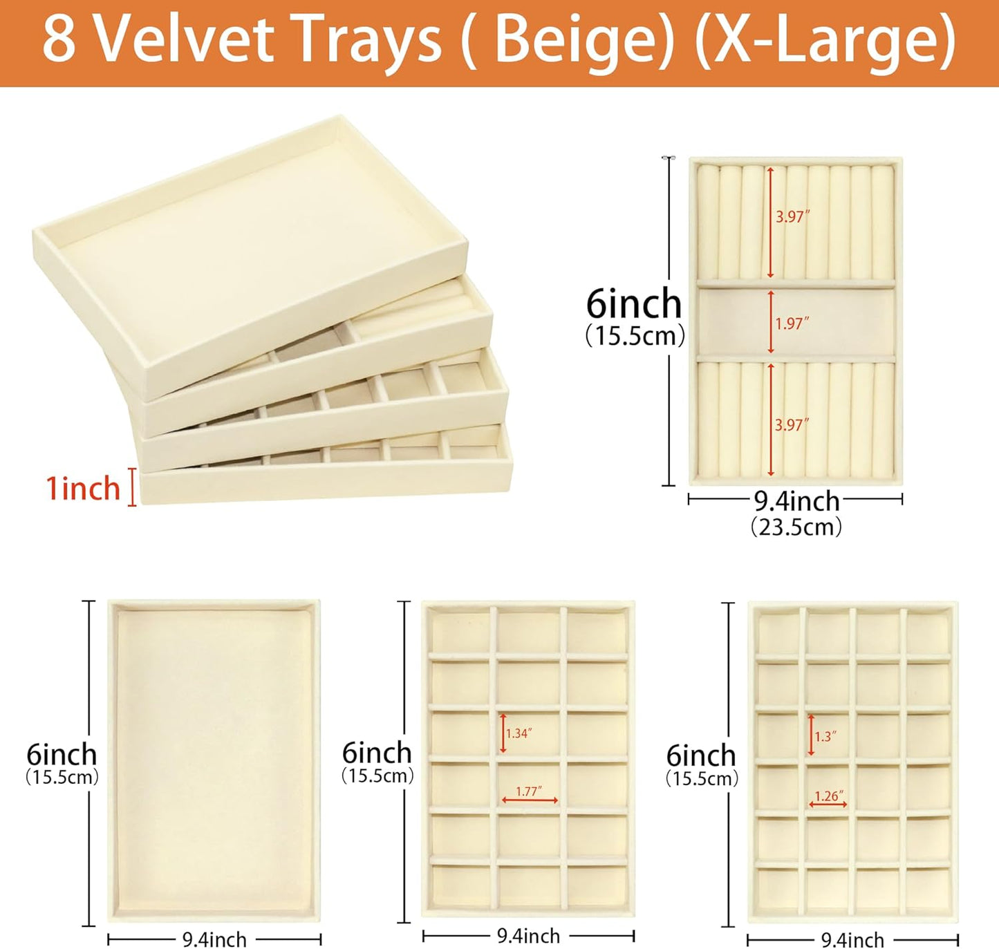 8 Pack Velvet Jewelry Trays X-Large Stackable Jewelry Drawer Organizer Tray 8-Layer Jewellry Tray Set for Earrings, Necklaces, Rings,Bracelets with Removable Dividers for Dresser & Vanity