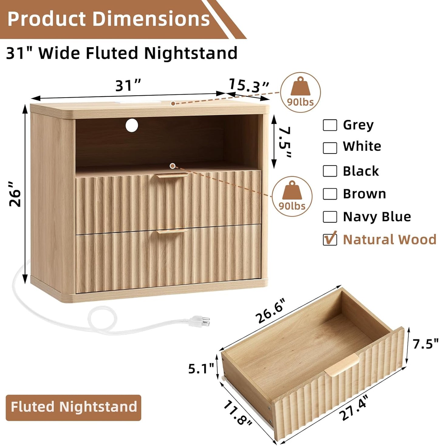 LEYAOYAO 31" Wide Fluted Nightstand with Charging Station, Oversized Extra Large 1 Drawer Night Stand with Golden Handle, Natural Wood Bedside Table Tall End Tables,for Bedroom, Living Room, Hallway