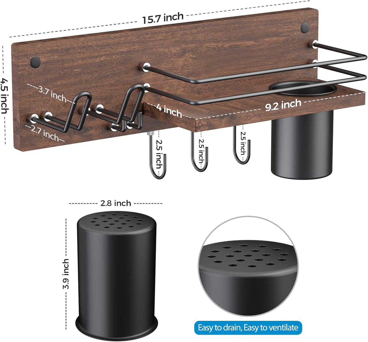 Wooden Hair Dryer Holder Wall Mounted, Bathroom Hair Tool Organizer, Blow Dryer Holder Shelf, Curling Iron and Hair Styling Tools Organizer