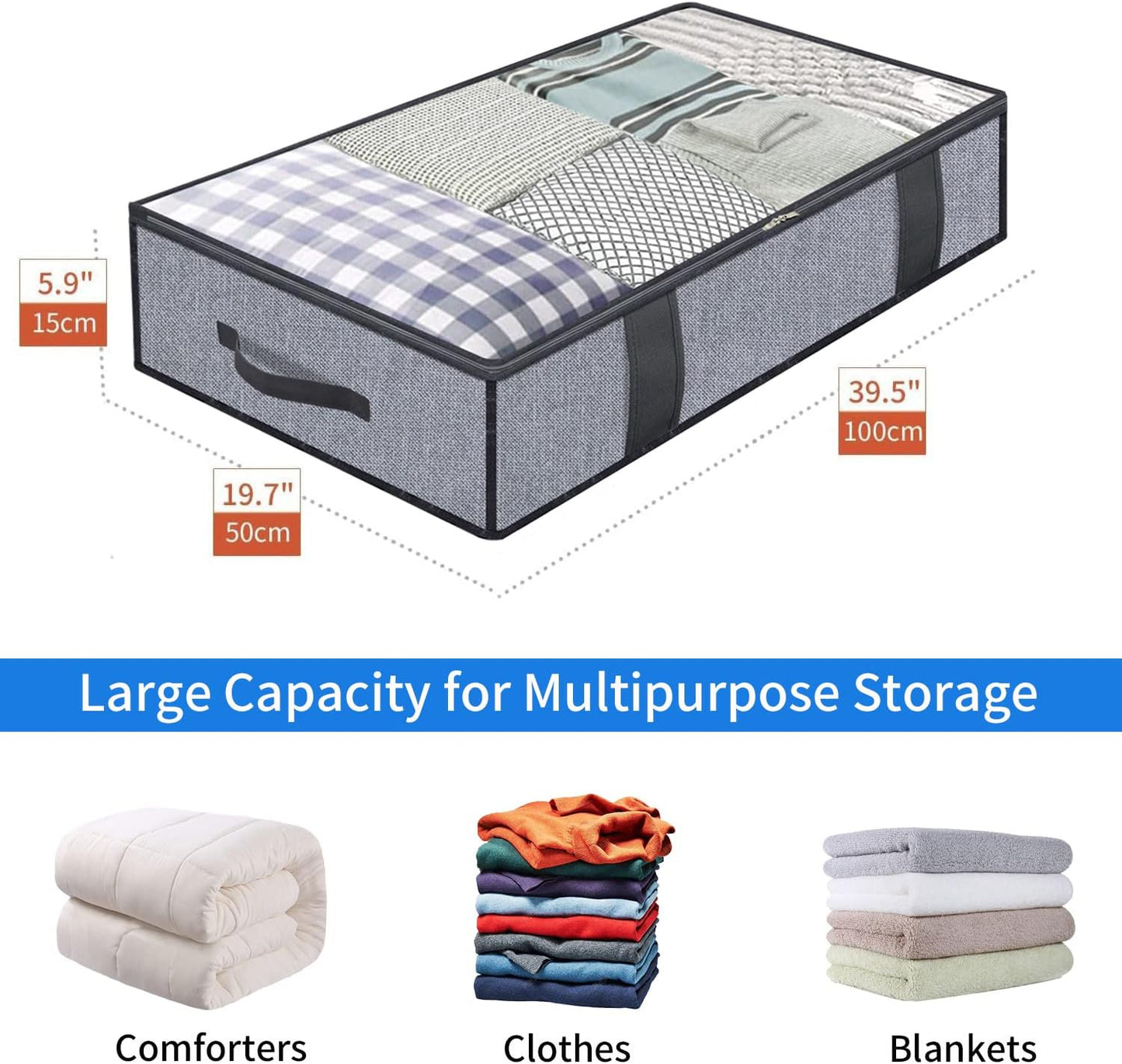 Onlyeasy Foldable Underbed Bags 2 Pack - Blankets Clothes Comforters Storage Bag Breathable Zippered Organizer for Bedroom with Clear Window and 4 Handles, 39.4x19.7x5.9 in, Linen-like Grey, MXDUBBP2