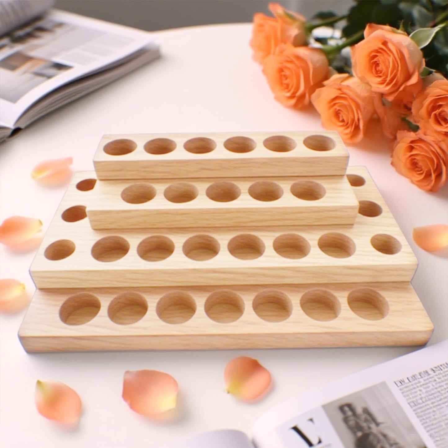 4 Tier Wooden Essential Oil Organizer Essential Oil Holder 30-Bottle Solid Wood Essential Oil Rack Body Oil Display for Essential Oils Stand Tabletop Organizer Storage Rack for 5-20ml Bottles