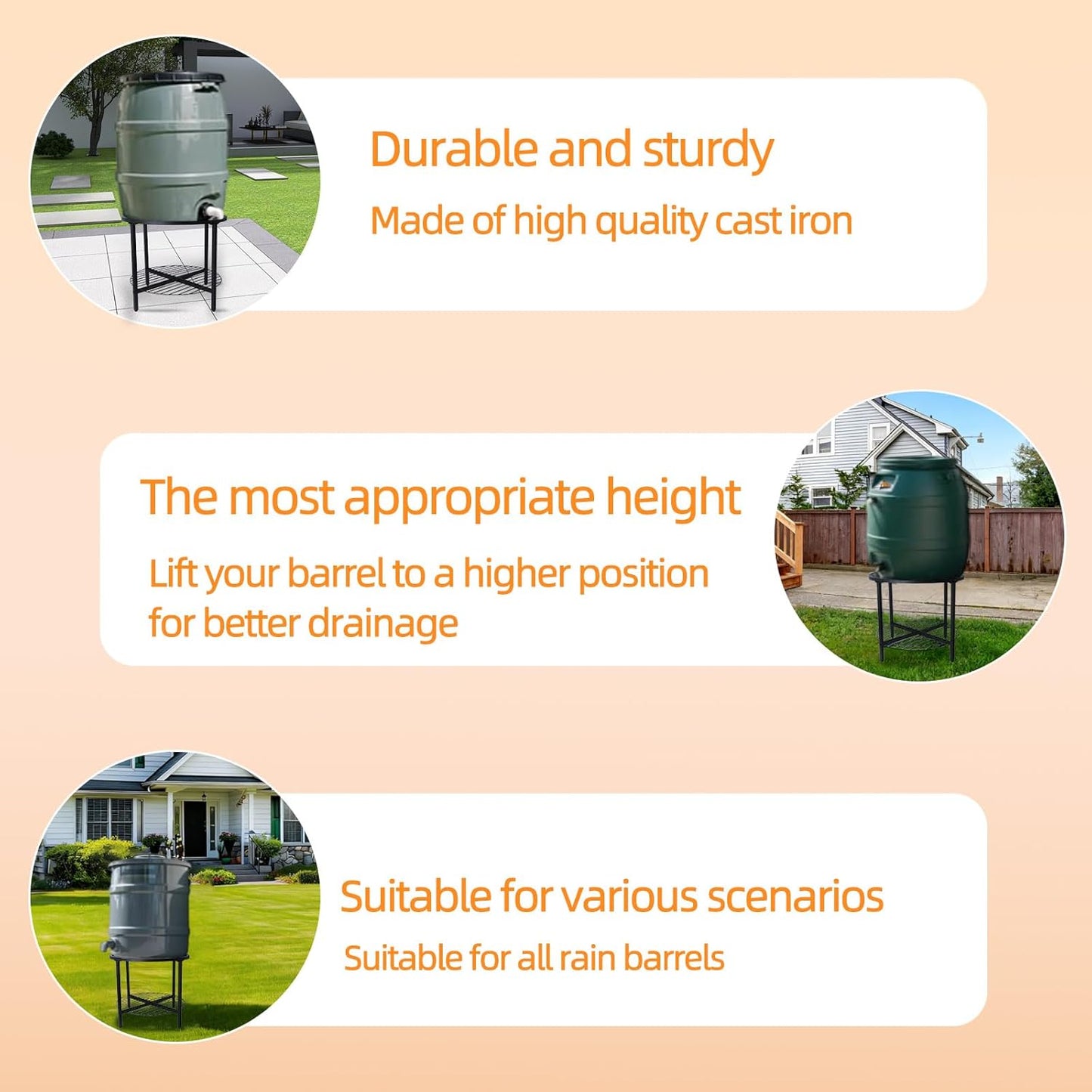 2-Tier Rain Barrel Stand – Base Only, Outdoor Heavy-Duty Rain Water Collection Barrel Stand with Rust-Proof Design & Ring Shelf, Fits 45/50/55-Gallon Plastic Round Rain Barrels (Black)