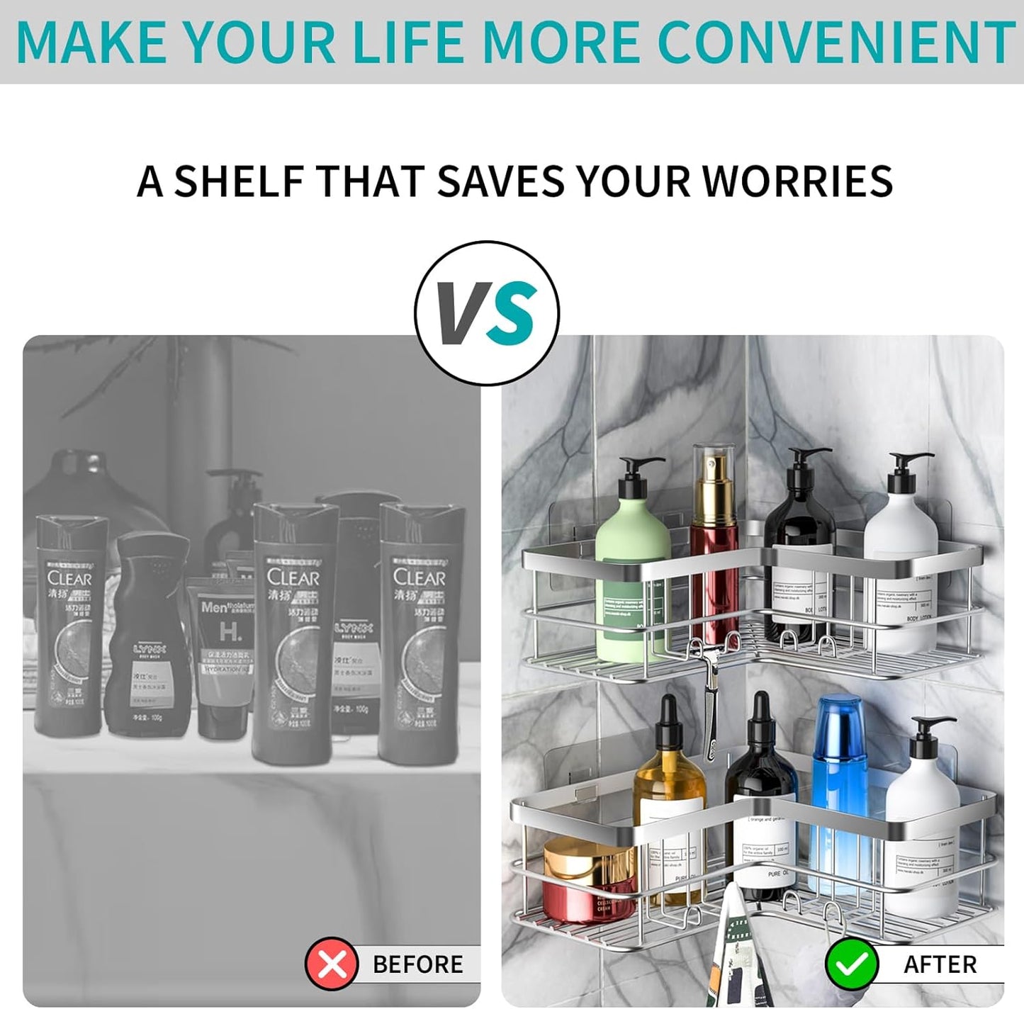 Yazoni Corner Shower Caddy, 4-Pack Adhesive Shower Shelves with Soap Holder No Drilling, Rustproof Bathroom Shower Organizer Storage, Silver