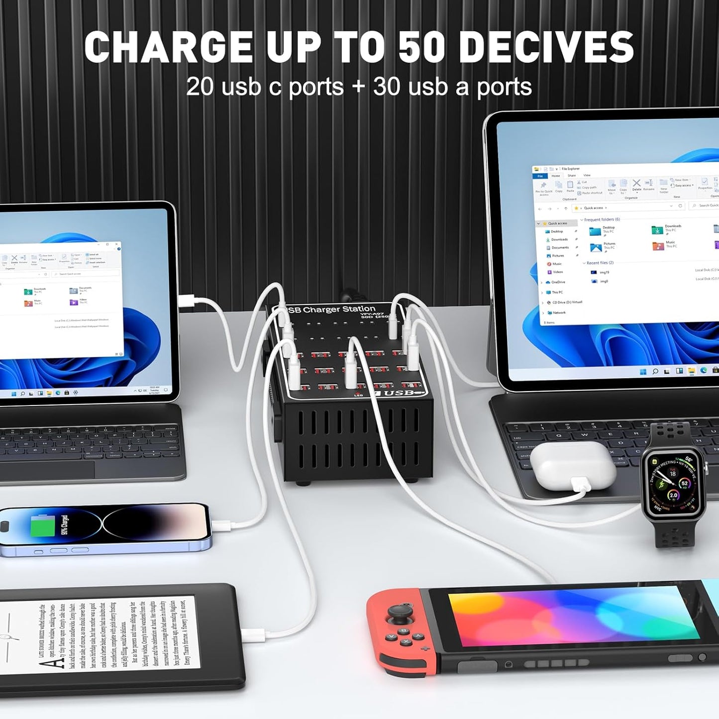 250W Charging Station for Multiple Devices, (20 USB C+30 USB A), Stations for MacBook, iPhone, Android Cell Phone, iPad, Tablet, Family Multi-Device Organizer Charging Dock (Black)