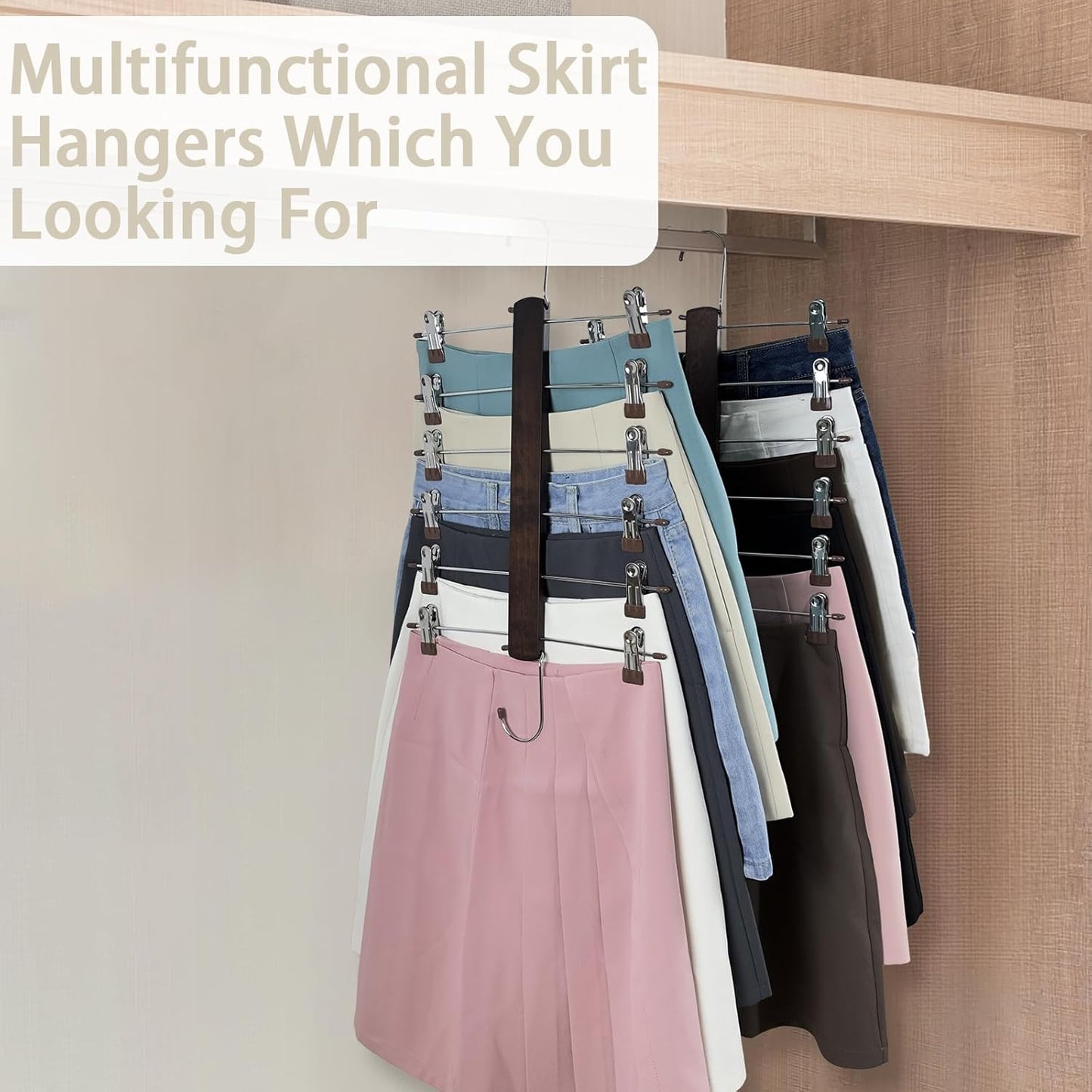 Skirt Hangers Space Saving,6 Tier Closet Organizers & Storage,Wooden Magic Hanger & Hanger with Clips,Pants-Hangers-Space-Saving for Hanging Pants Shorts Scarf Jeans（4 Piece）