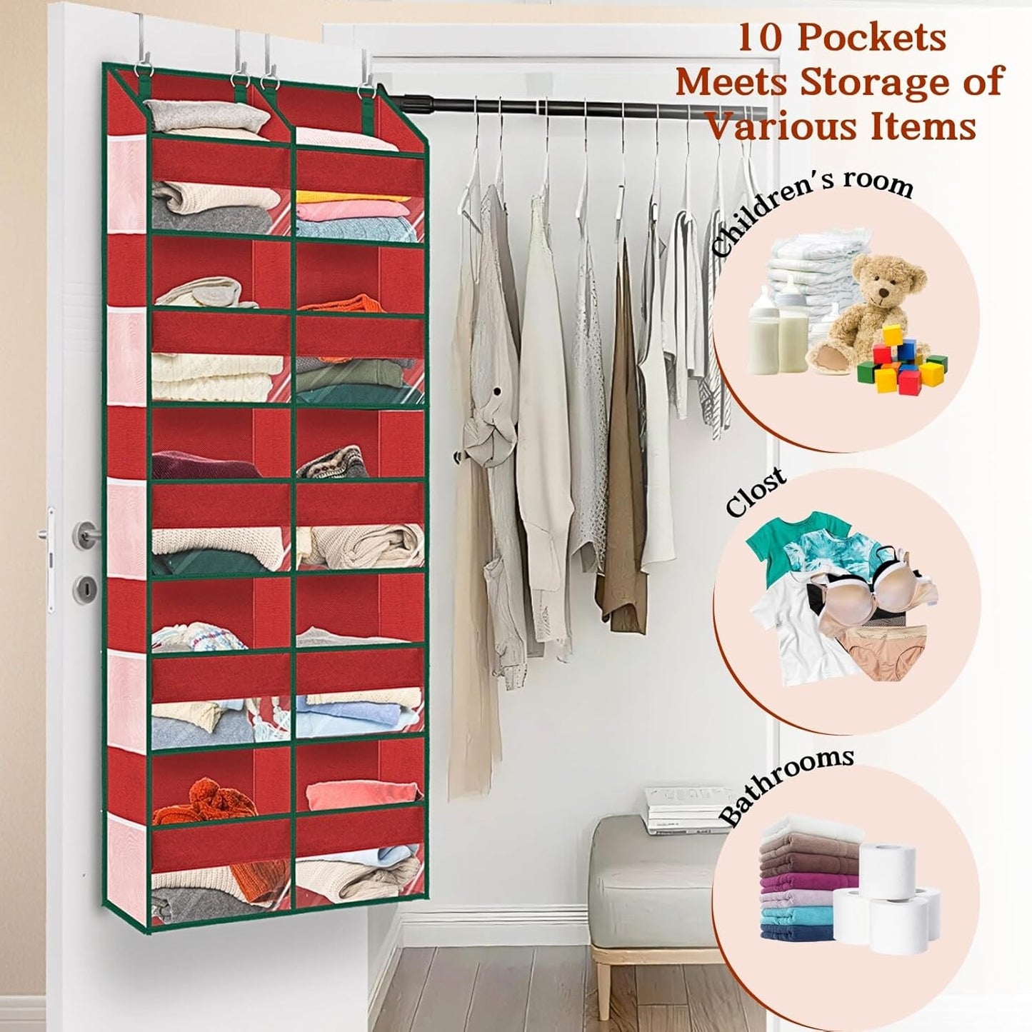 Christmas Over The Door Organizer 5 Tiers, Extra Large Behind Door Storage of 10 Compartments, 80 lbs Weight Capacity Hanging Storage Organizer with Clear Window Kids Toys, Shoes, Diapers, Red