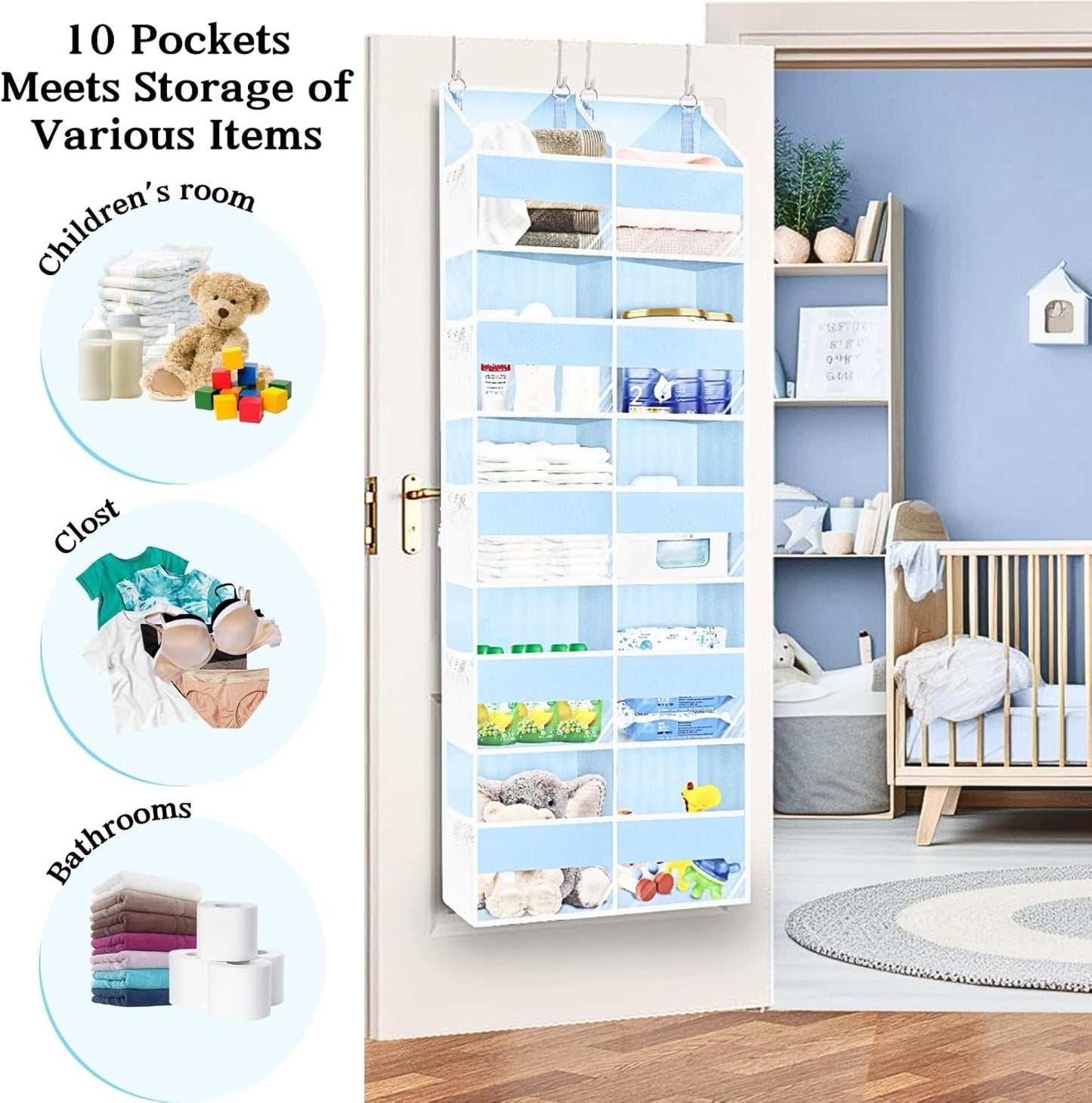Blue Over the Door Organizer 5 Tiers, Extra Large Behind Door Storage of 10 Compartments, 80 lbs Weight Capacity Hanging Storage Organizer with Clear Window Kids Toys, Shoes, Diapers, Room storage