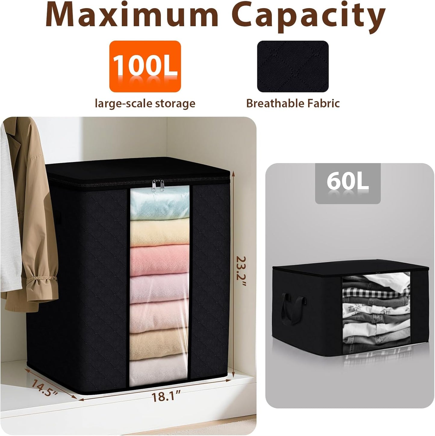 SpaceWhisper 4 Pack 100L Clothes Storage, Foldable Thick Fabric Blanket Storage Bags, Containers for Organizing Bedroom, Closet, Clothing, Comforter,Closet Organization with Handle,Black