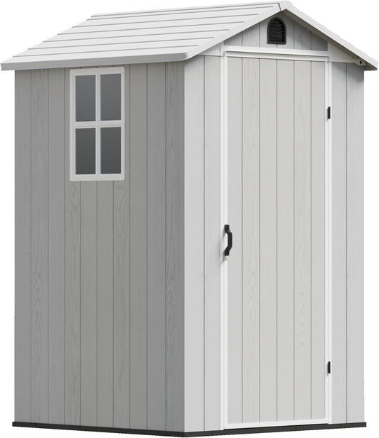 Devoko 4x4 FT Outdoor Shed, Compact & Secure Plastic Resin Storage with Lockable Door, Features Built-in Floor & Window for All-Weather Garden, Patio, and Poolside Organization, Light Gray