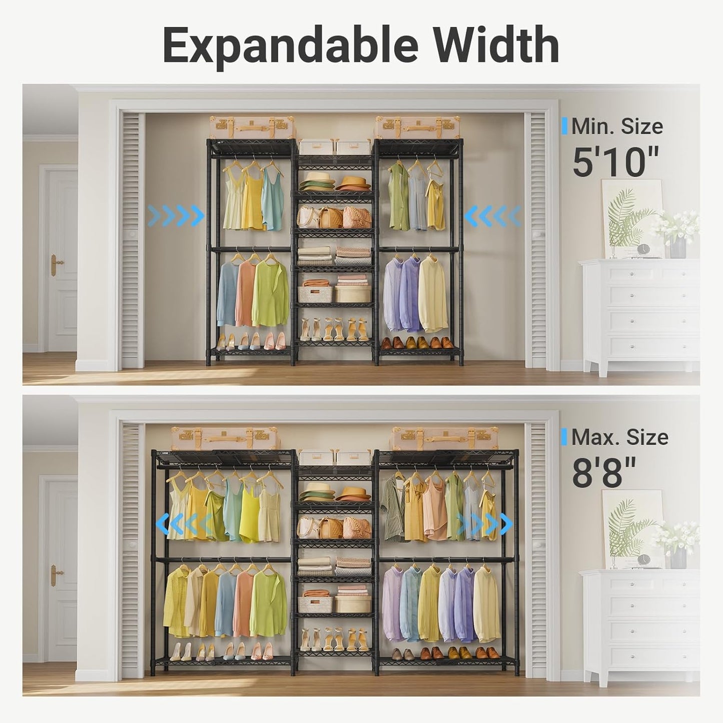 VIPEK X3 Plus Large Expandable Closet Rack Adjustable from 5'10" to 8'8" with Extendable Shelves and Hanger Rods, Freestanding Clothing Racks Modular Closet Systems Wardrobe, Max Load 1360LBS, Black