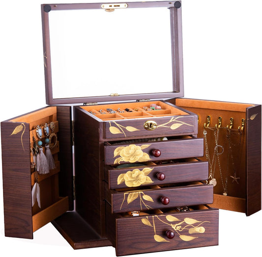 Wooden Jewelry Box for Women, 5-Layer Large Wood Jewelry Boxes & Organizer with Drawers for Rings Necklaces,Hand-painted rose flowers jewelry case organizer,jewelry safe