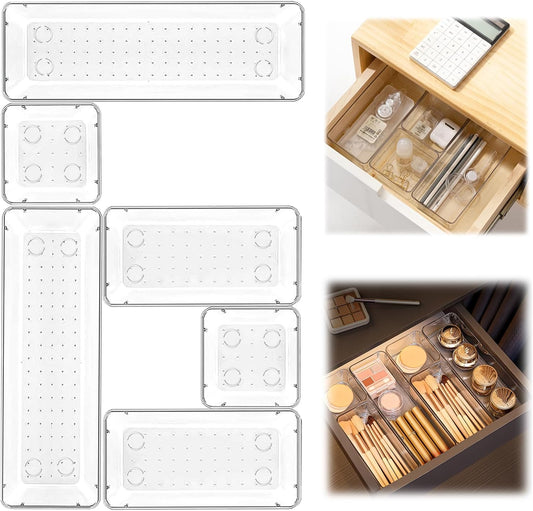 6 Pack Clear Drawer Organizer Set,Versatile Bathroom and Vanity Organizer Trays,Acrylic Drawer Storage Trays,Storage Bins for Makeup Jewelries,Cosmetics,Gadgets,Kitchen Utensils and Office