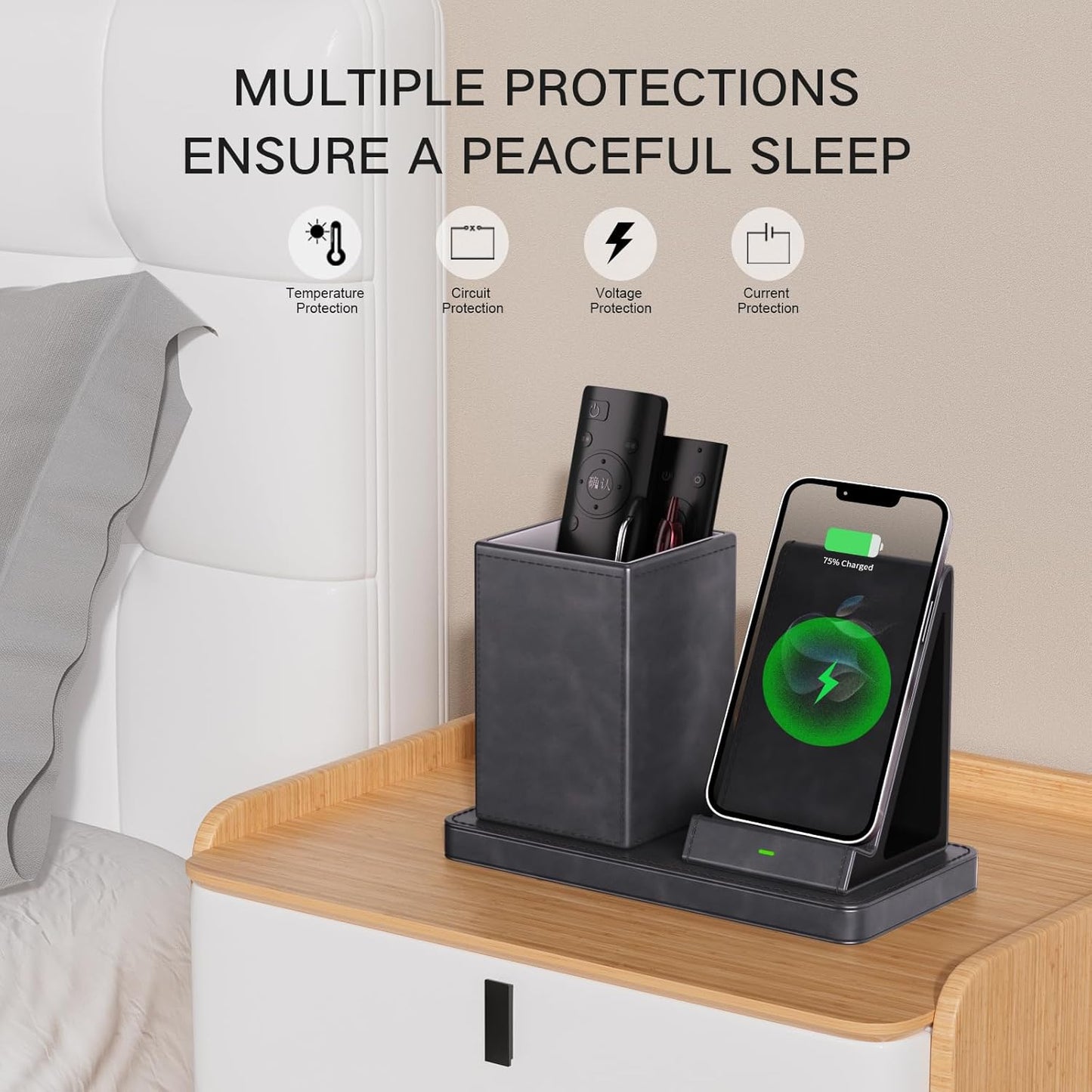 Multi-Functional Pencil Holder for Desk,Gray Vegan Leather Organizers with Remote Control Holder,Pencil Holder,Desk Organizer with Phone Wireless Charger for Office/Nightstand/Endtable