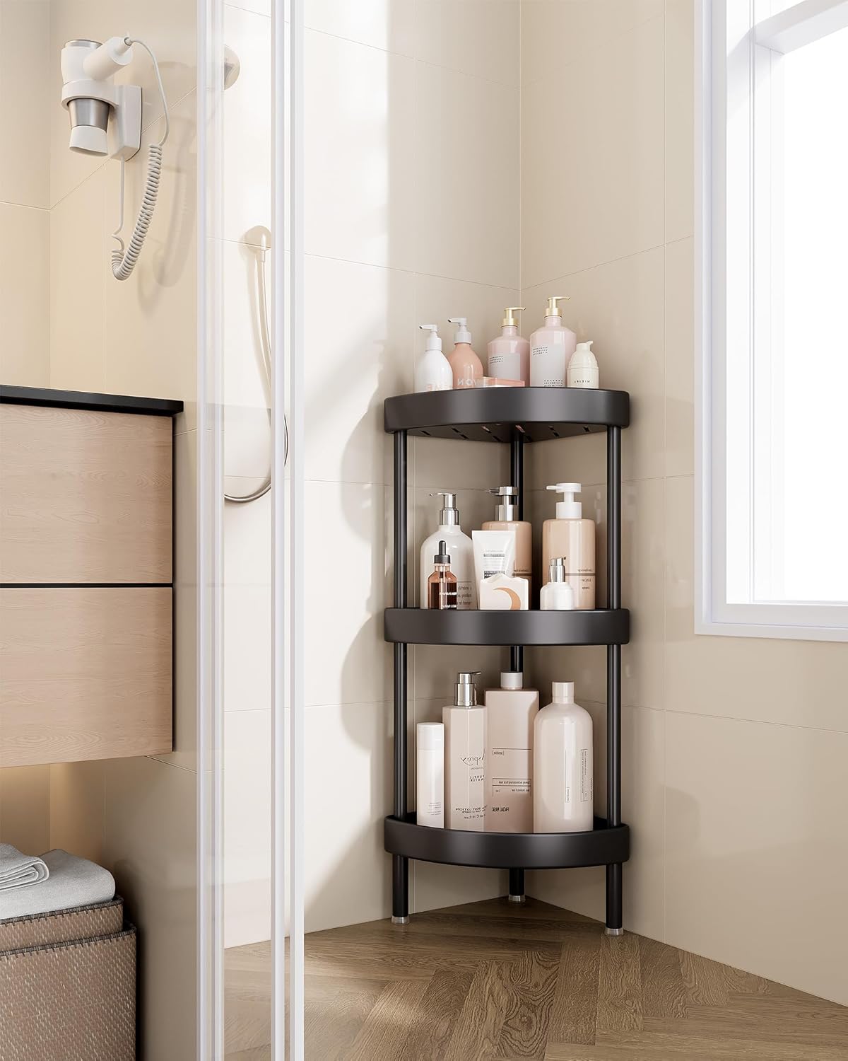 Nieifi Corner Shower Caddy Stand-3 Tier Rustproof Anodized Aluminum Standing Shower Organizer-Shower Caddy Corner-Dual Stability to Anti-Shaking-Height-Adjustable Legs for Uneven Surfaces-Black