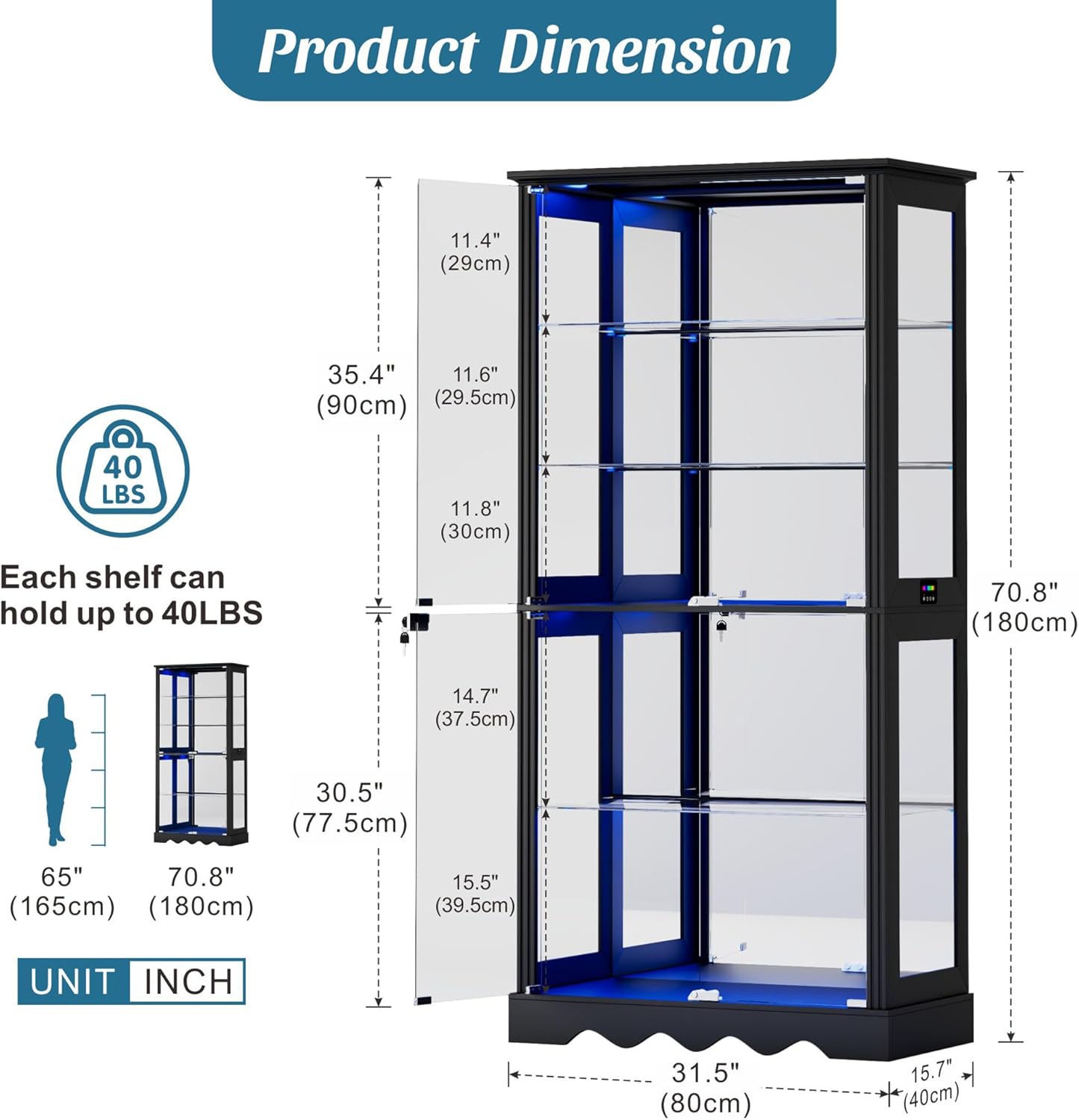 Display Cabinet with Glass Doors, 71'' Tall Curio Cabinet with RGB Lights for Collectibles, LED Display Case with Removable Shelf for Book/Medal/Figure, Black
